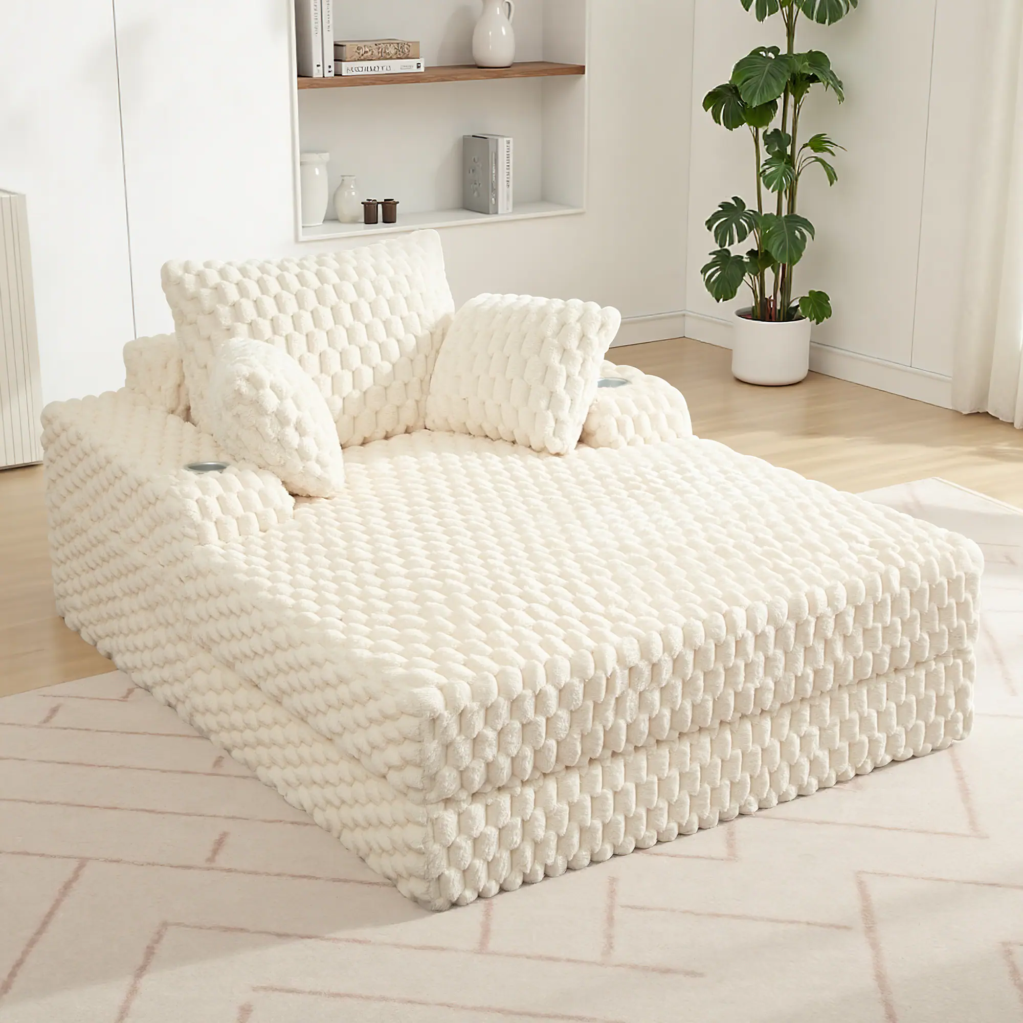 Alt View 5. KERDOM - Single Sofa Bed Chaise Lounge Couch, Plush Floor Sofa Sleeper with Pillows, Cup Holder, Side Pouch, No Need Assembly - Beige.