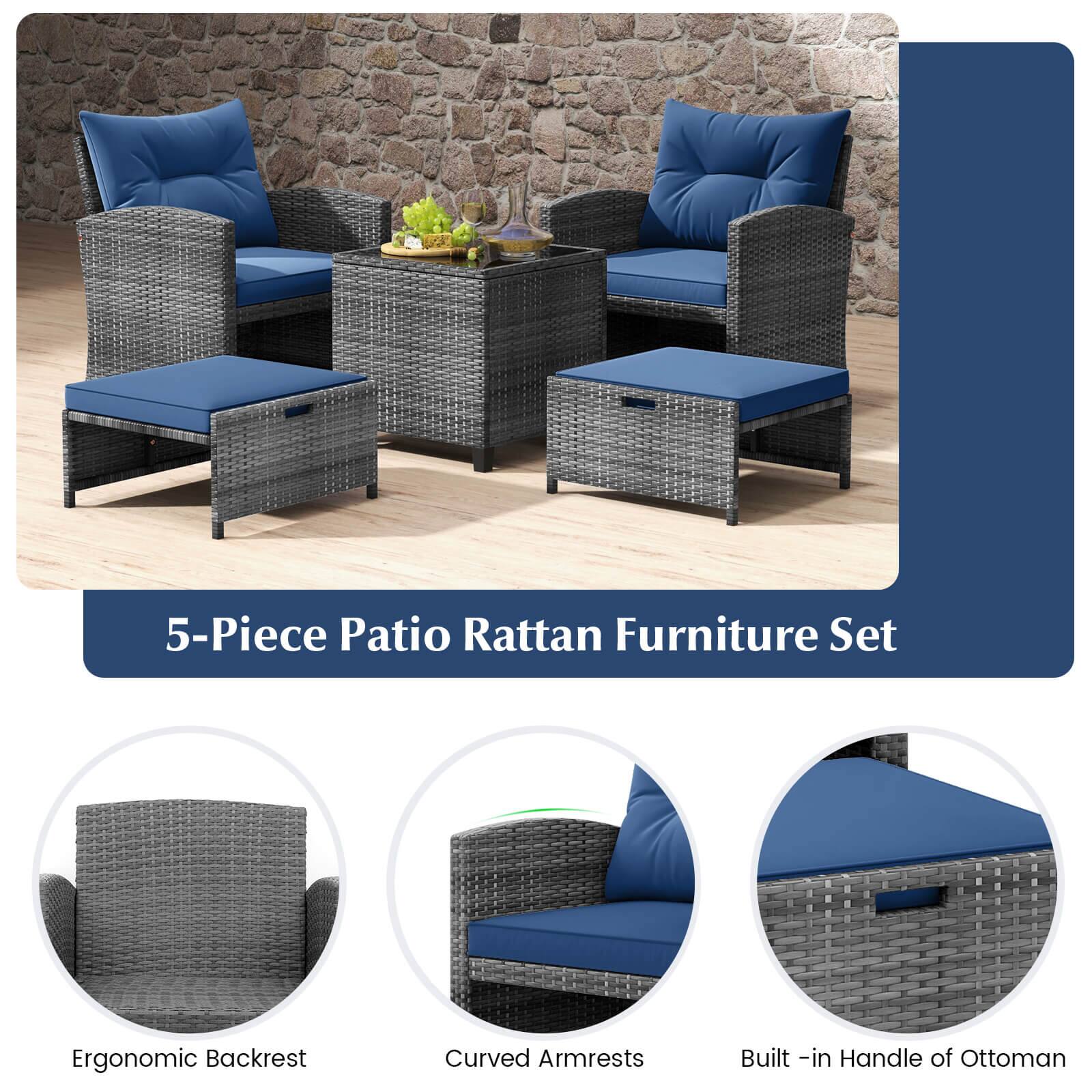 5-Piece Patio Rattan Furniture Set

- Ergonomic Backrest
- Curved Armrests
- Built-in Handle of Ottoman