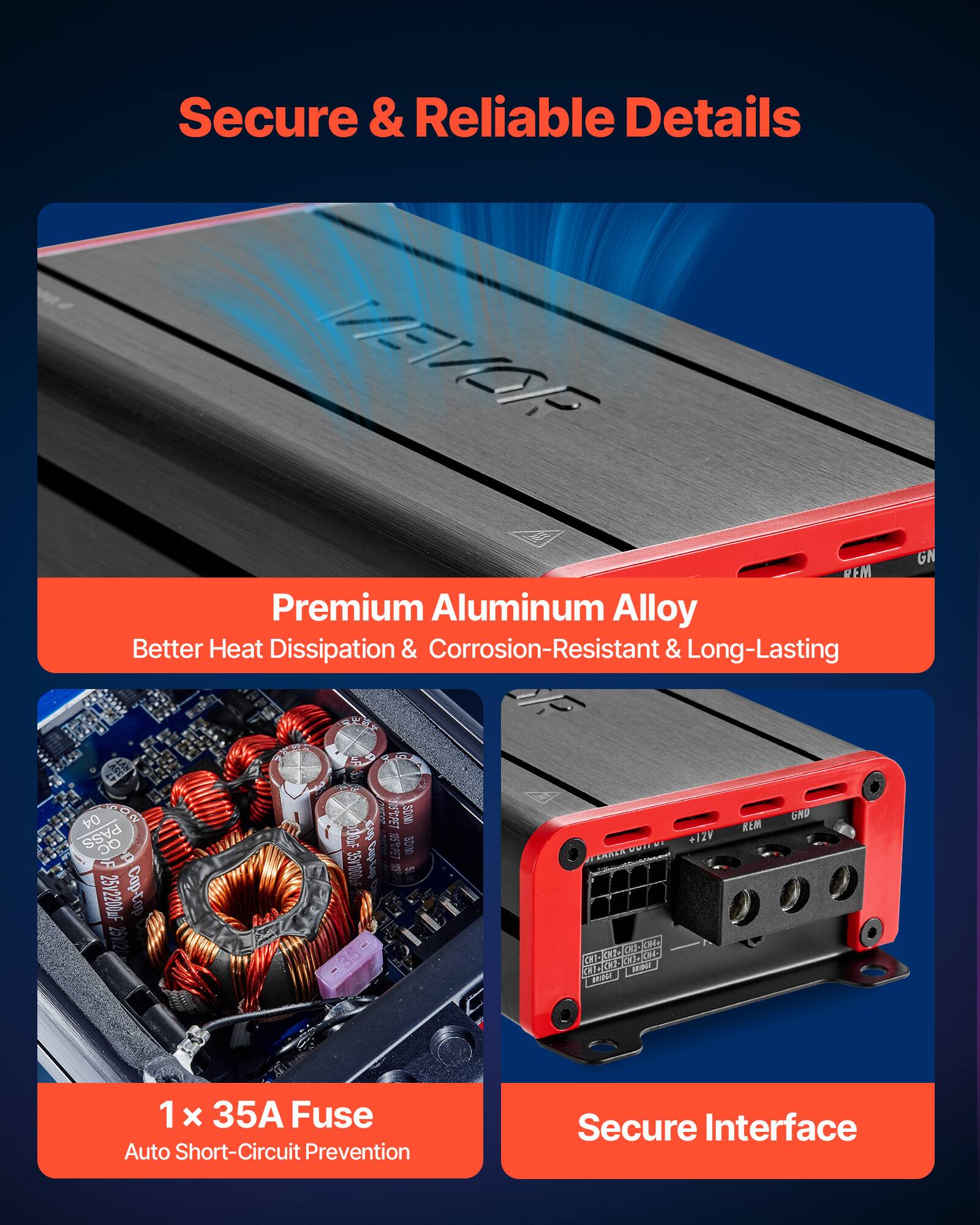 Secure & Reliable Details

Premium Aluminum Alloy  
Better Heat Dissipation & Corrosion-Resistant & Long-Lasting

1 x 35A Fuse  
Auto Short-Circuit Prevention

Secure Interface