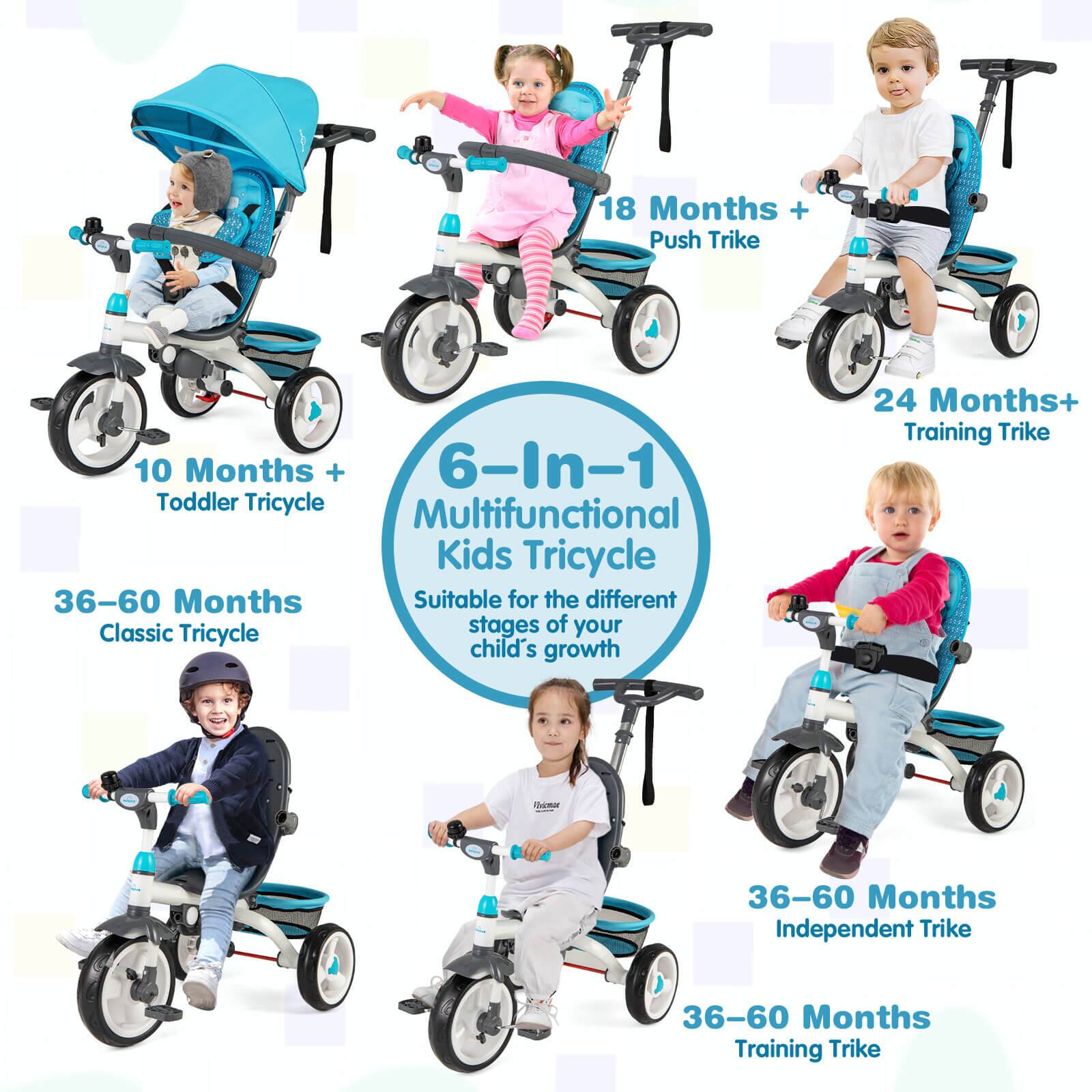 - 10 Months + Toddler Tricycle
- 18 Months + Push Trike
- 24 Months+ Training Trike
- 36-60 Months Classic Tricycle
- 36-60 Months Independent Trike
- 36-60 Months Training Trike

6-In-1 Multifunctional Kids Tricycle  
Suitable for the different stages of your child's growth