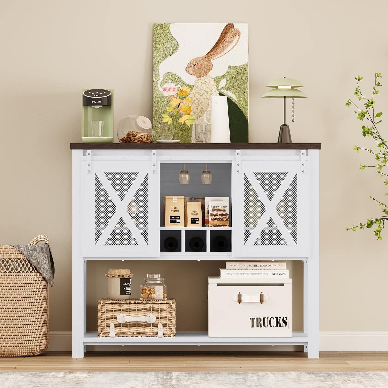 Jojoka - 46.5" Farmhouse Coffee Cabinet, Console Table with Sliding Barn Doors, Open Shelves, Glass Rack for Kitchen - White