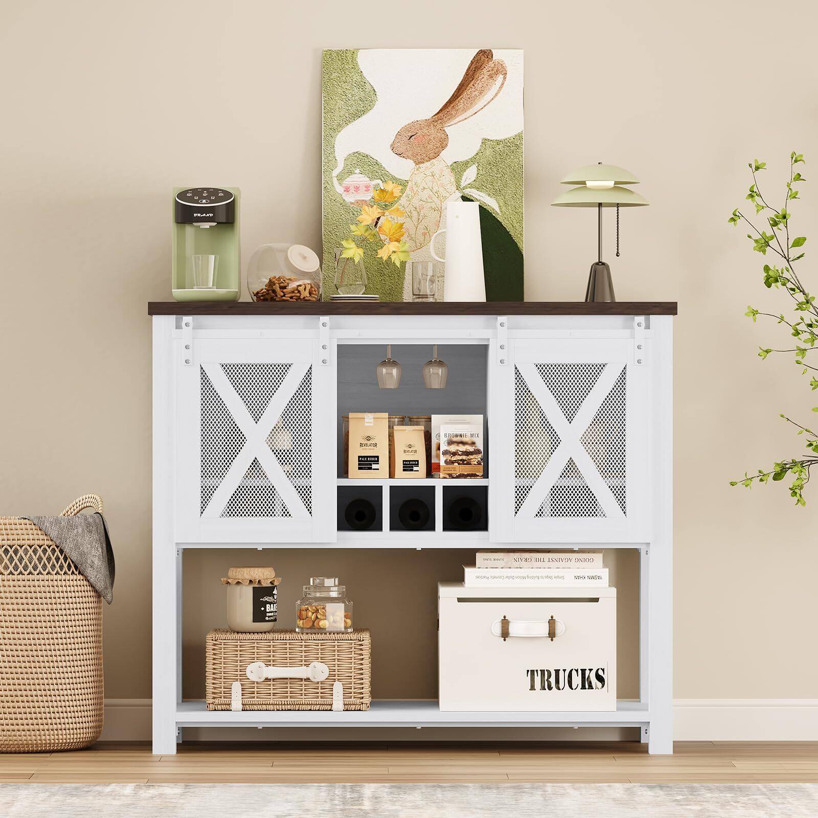 Jojoka - 46.5" Farmhouse Coffee Cabinet, Console Table with Sliding Barn Doors, Open Shelves, Glass Rack for Kitchen - White