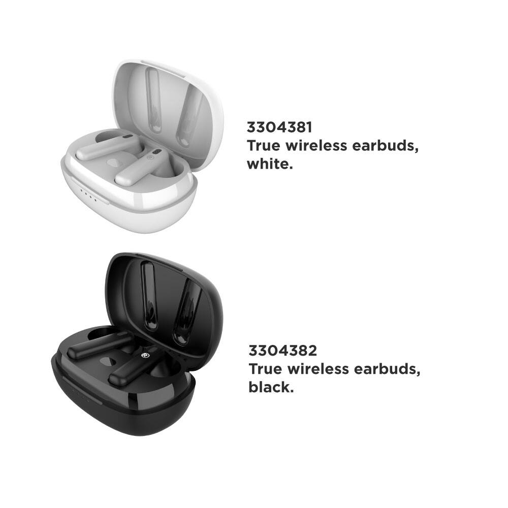 3304381  
True wireless earbuds, white.

3304382  
True wireless earbuds, black.