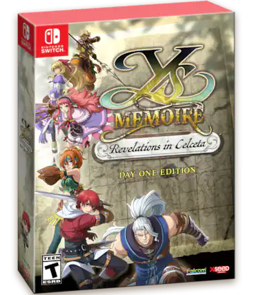 Sure, here is the corrected and grouped text from the image:
---
**Nintendo Switch**
**X3 MEMOIRE**
*Revelations in Celceta*
**DAY ONE EDITION**
**TEEN**
*ESRB*
**Falcom**
**Xseed**
---
This text is arranged as it appears on the box. - T (Teen 13+)