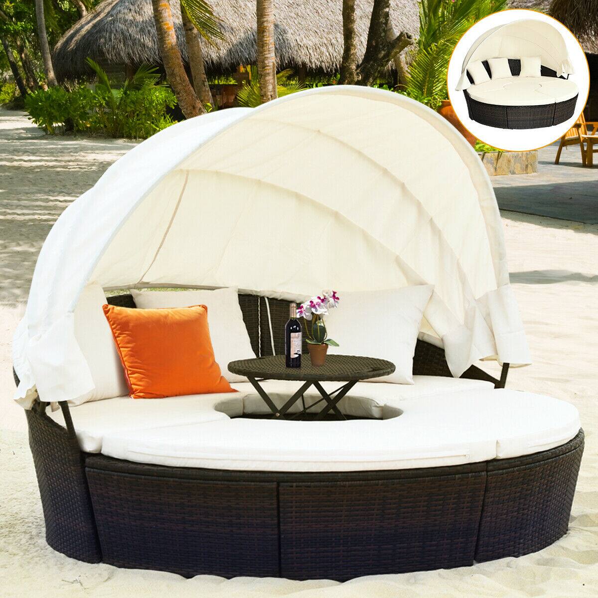 Alt View 1. Costway - Patio Rattan Daybed Cushioned Sofa Adjustable Table Top Canopy 3 Pillows - Brown + White.