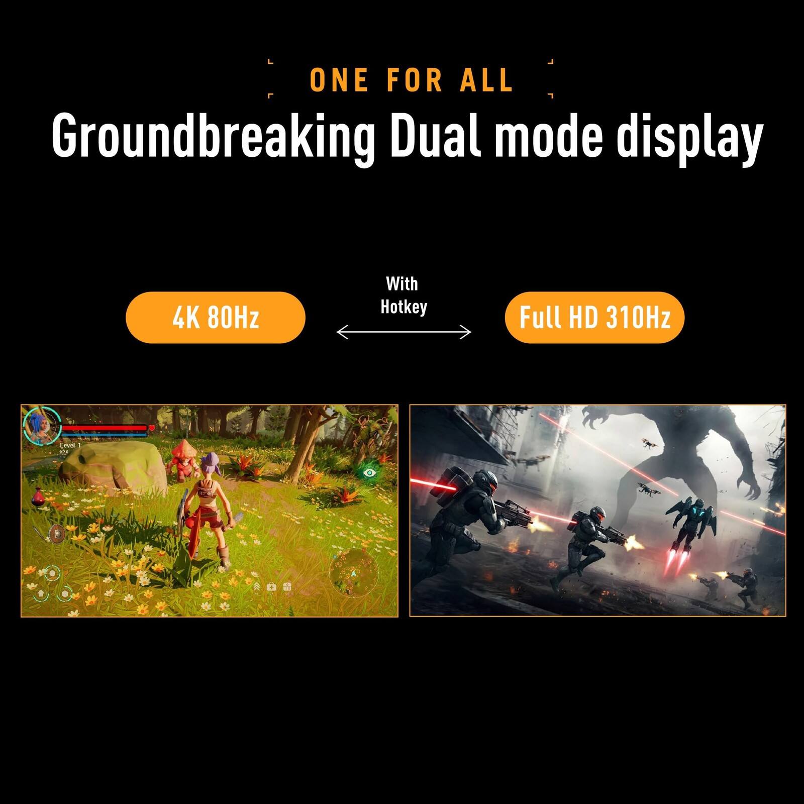 ONE FOR ALL Groundbreaking Dual mode display 4K 80Hz With Hotkey Full HD 310Hz