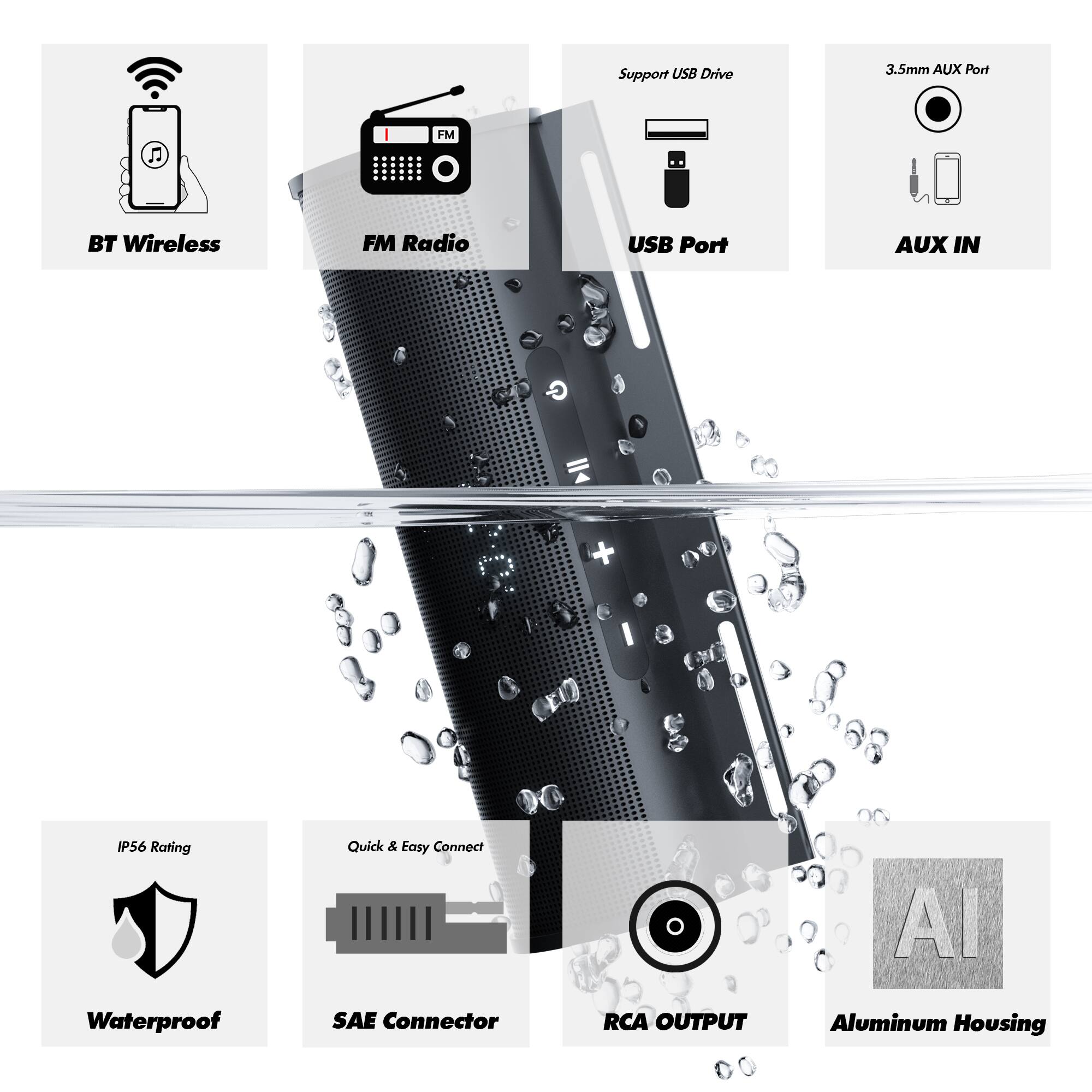 - Support USB Drive
- 3.5mm AUX Port
- FM Radio
- USB Port
- AUX IN
- IP56 Rating
- Quick & Easy Connect
- Waterproof
- SAE Connector
- RCA OUTPUT
- Aluminum Housing