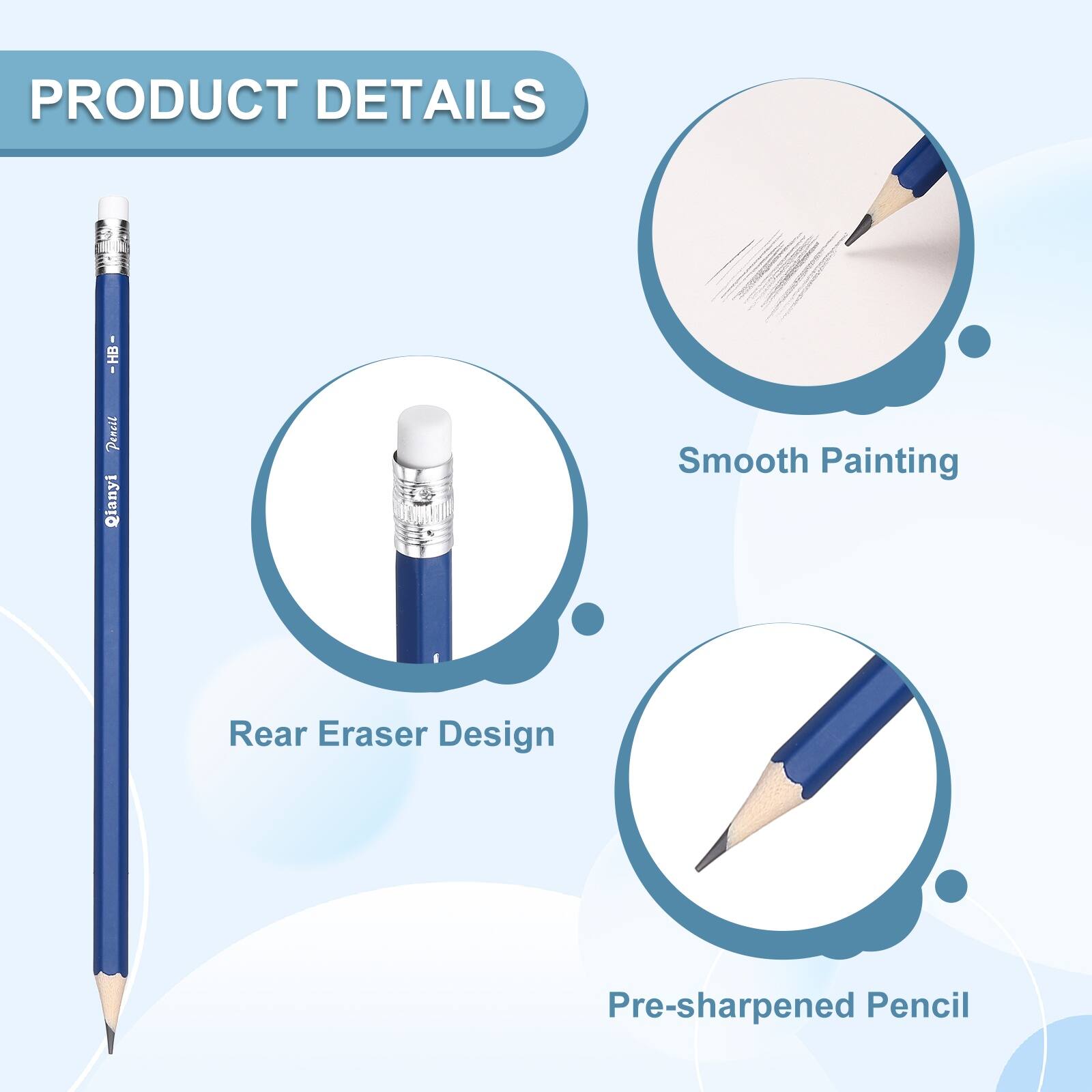 PRODUCT DETAILS 1 - HB Penell Qianyi Smooth Painting Rear Eraser Design Pre-sharpened Pencil