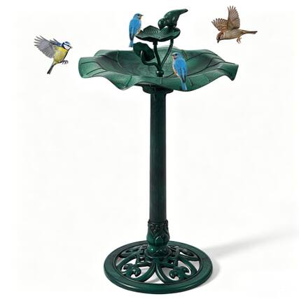 Front. Winado - 34in Resin Bird Bath 2‑in‑1 Freestanding with Vintage Floral Design, Bird Feeder for Outdoor Patio Garden Lawn Decor - Dark Green.
