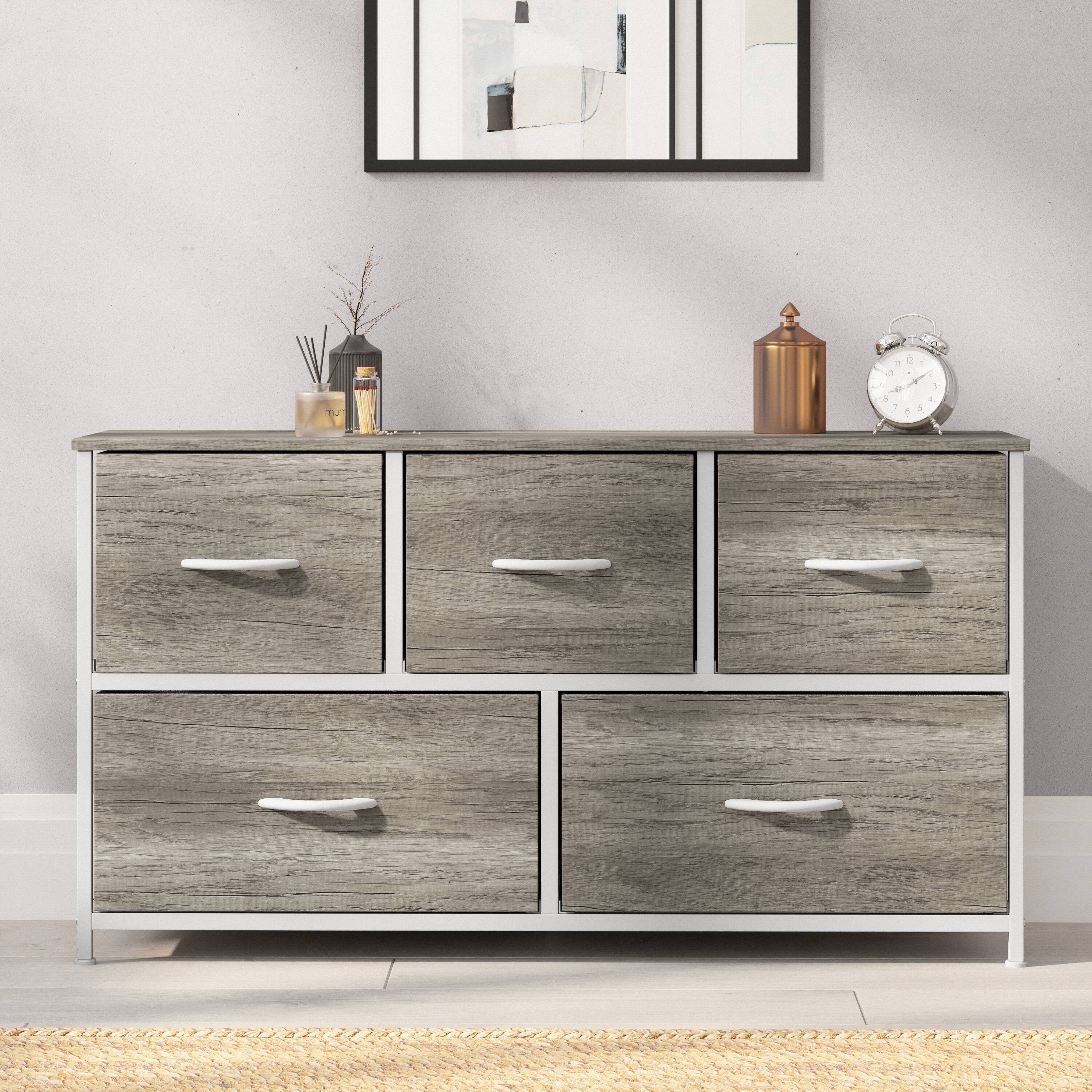 Alt View 3. Emma + Oliver - Marley 5 Drawer Storage Dresser with Cast Iron Frame, Wood Top, and Easy Pull Fabric Drawers with Wooden Handles - Light Natural Drawers/White Frame.