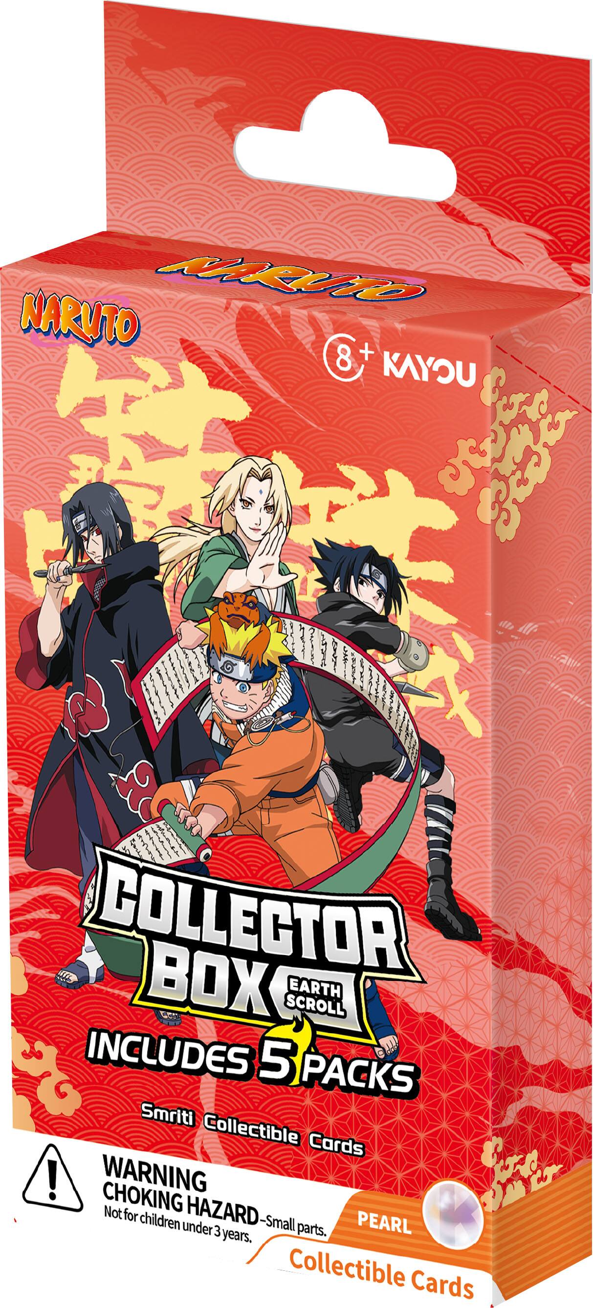 NARUTO 8+ KAYOU  
COLLECTOR BOX SCROLL EARTH INCLUDES 5 PACKS  
Smriti Collectible Cards  
WARNING CHOKING HAZARD Not for children under 3 years. Small parts.  
Collectible Cards