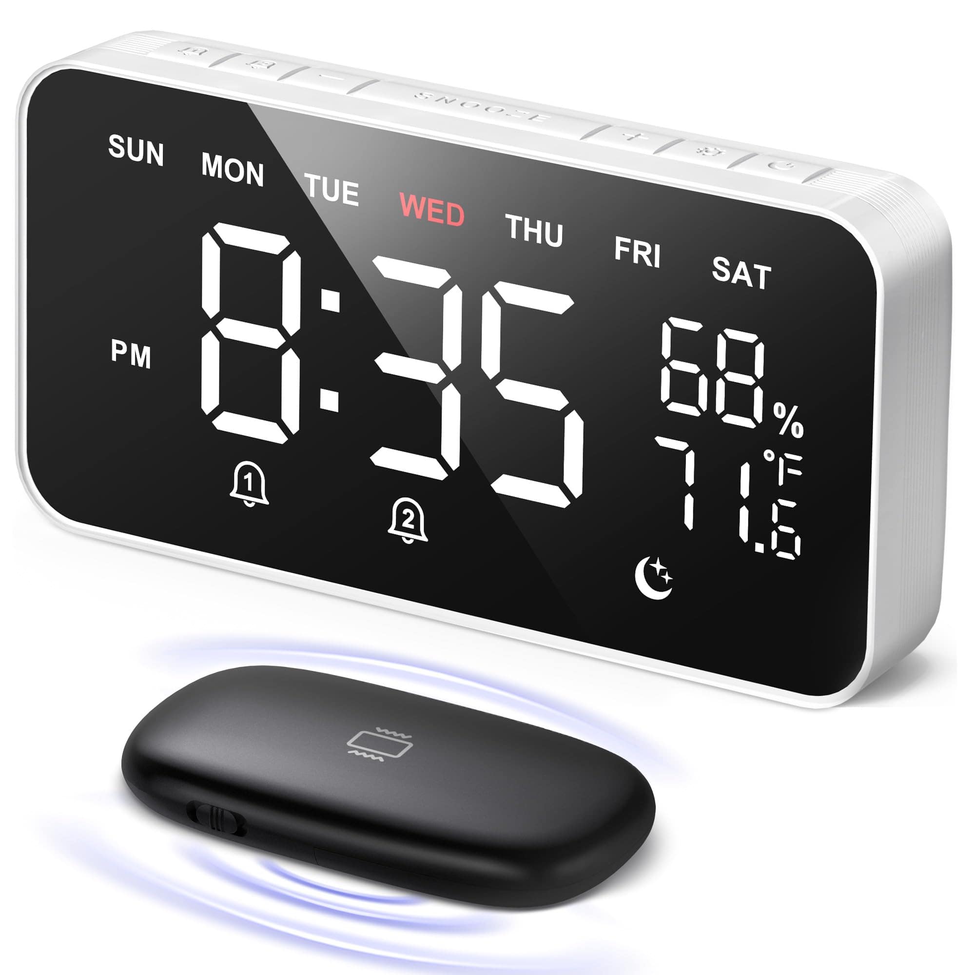Dazzed Corner - Wireless Bed Shaker Alarm Clock for Heavy Sleepers, Dual Alarms - White