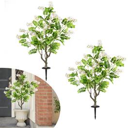 Gymax - 2 Pack Artificial Locust Flower Trees w/Ground Spikes Sophora Japonica Blossoms Green - White