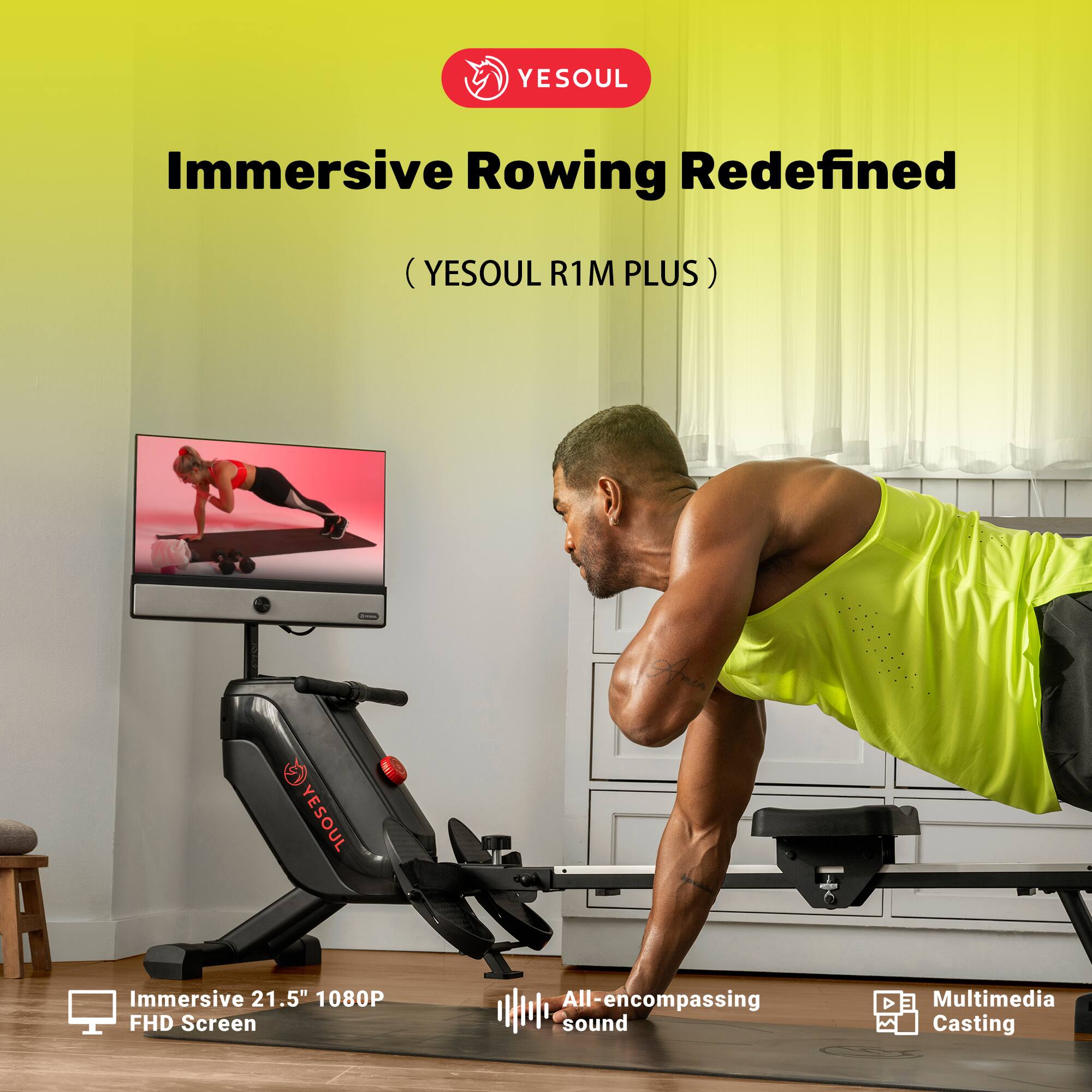 The text on the image reads: "Immersive Rowing Redefined (YESOUL R1M PLUS) 21.5" 1080P FHD Screen All-encompassing sound Multimedia | Casting."