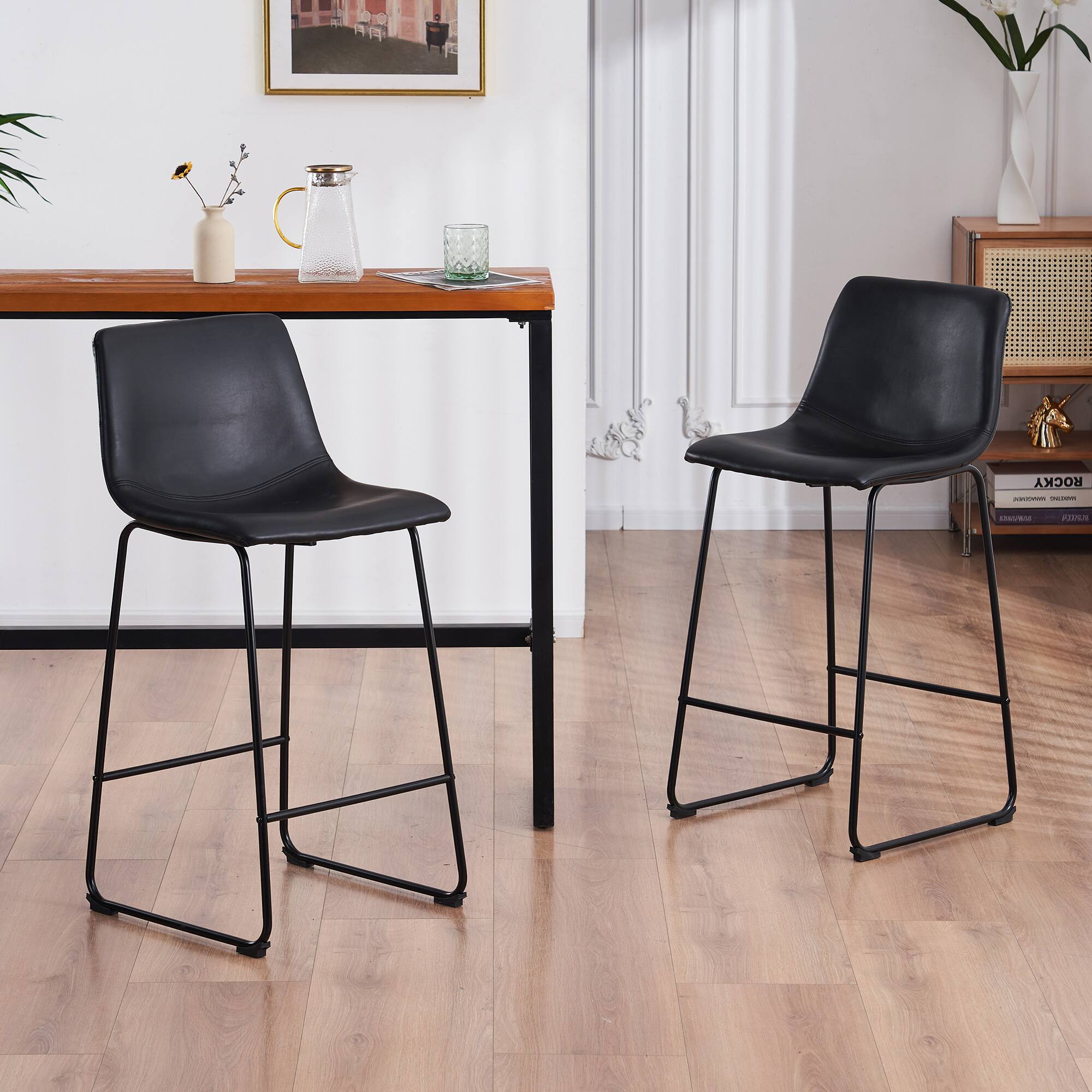 FERPIT - Modern Faux Leather Counter Bar Stools Upholstered with Metal Frame 2 Pack - Black