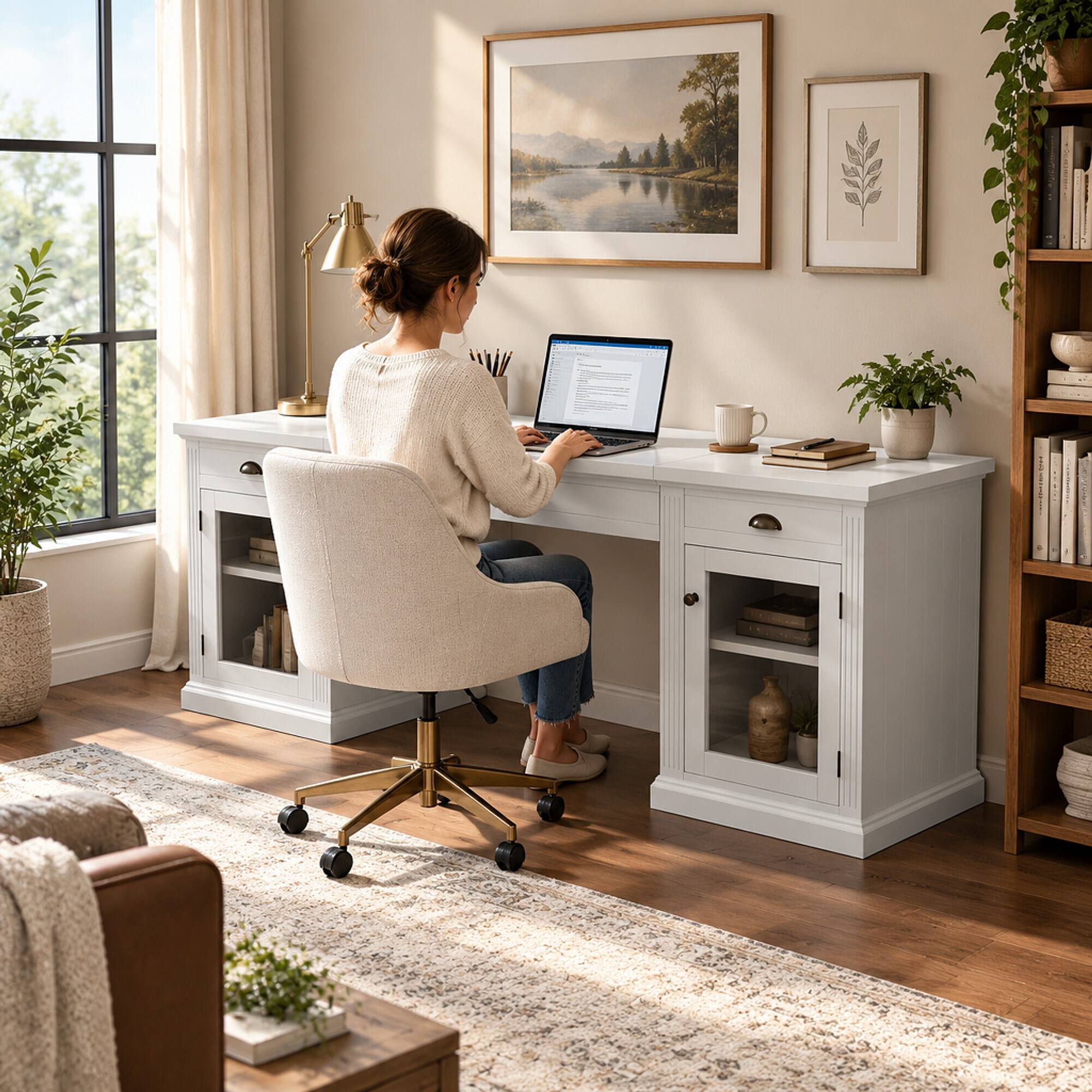 Angle. RYHNUYNE - Modern Executive Desk, 67 Inch White Computer Workstation with 2 Glass Door Cabinets, 3 Drawers, MDF and Solid Wood - White.