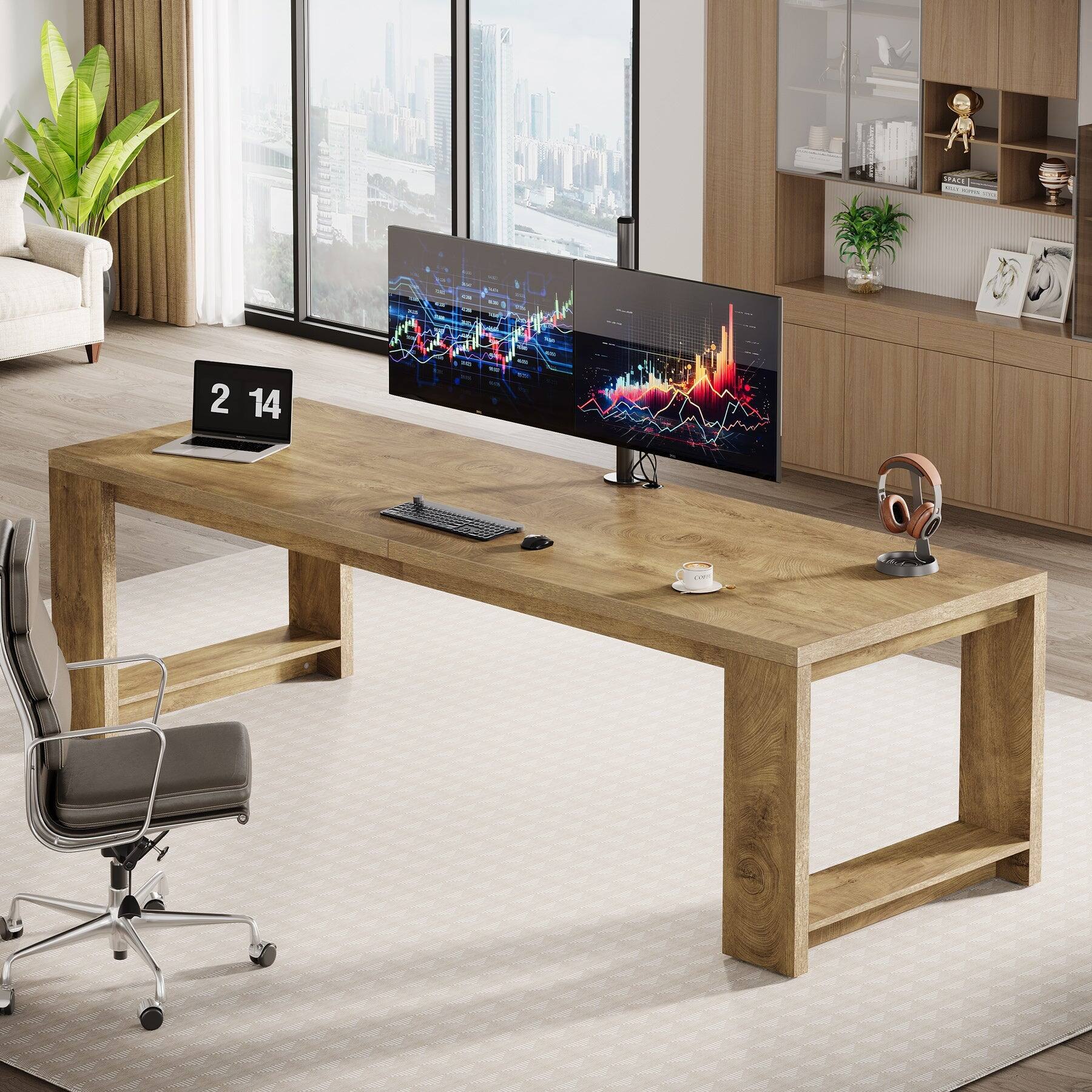 Angle. Tribesigns - Office Meeting Table with Engineered Wood Construction, for Meetings and Collaborative Office Work - Light Brown.
