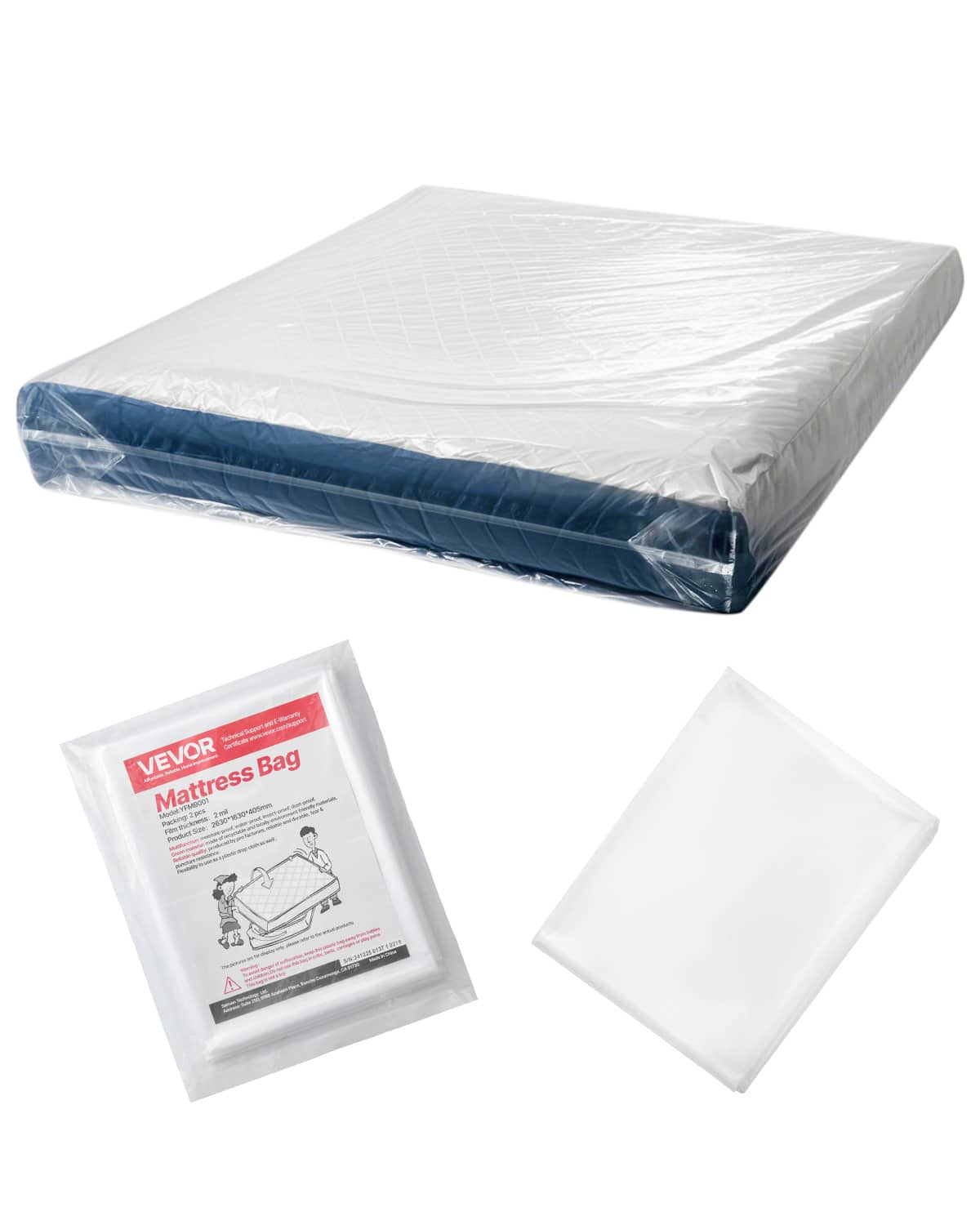 VEVOR - Plastic Mattress Bag, 2 Mil Thick Mattress Storage Bag, Wear-Resistant and Waterproof Plastic Bed Cover - Transparent
