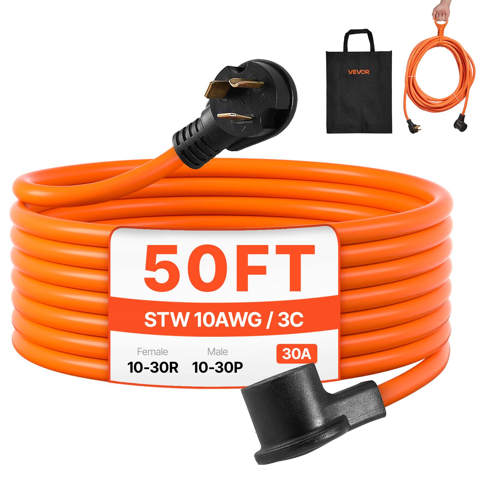VEVOR - 50 ft Dryer Extension Cord,3-Prong NEMA 10-30P to 10-30R Dryer Cord, 125V/250V STW 10AWG/3C, 30A, Pure Copper Wire Cable - Orange