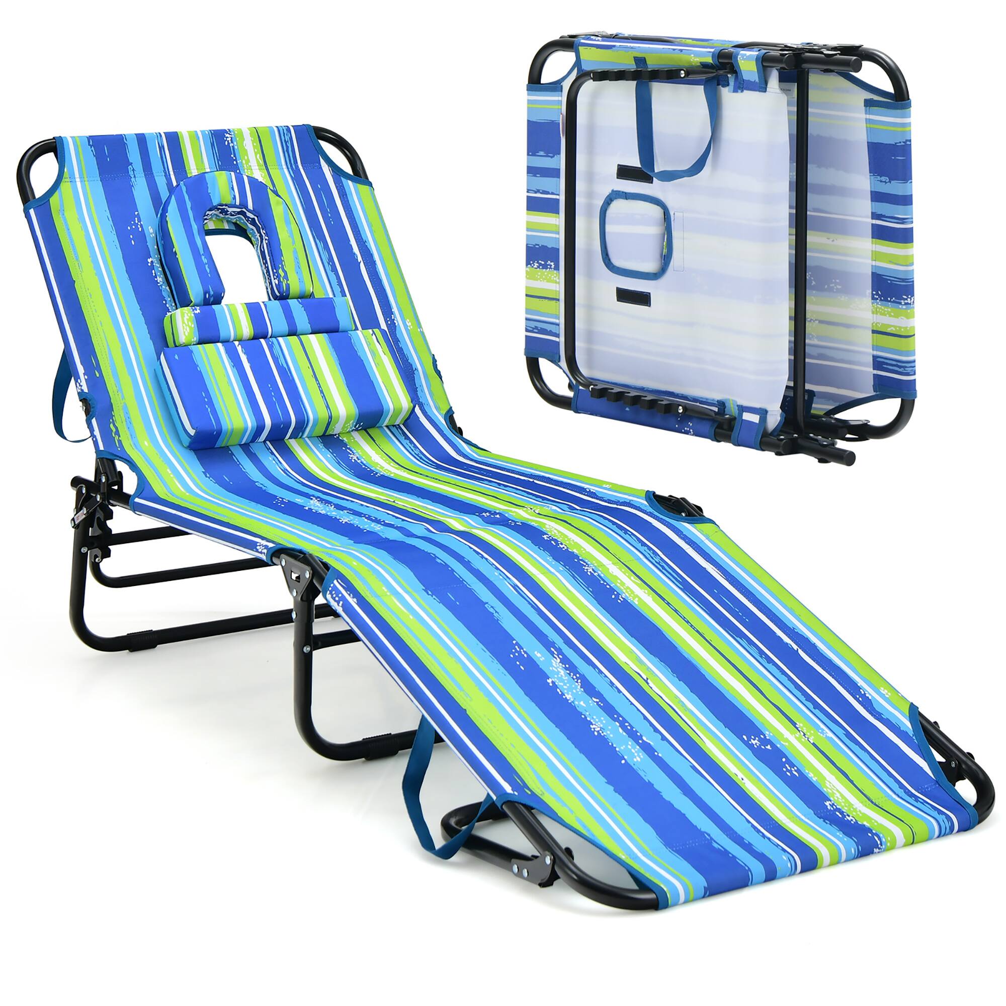 Alt View 9. Gymax - Gymax 2PCS 5-Position Lounge Chair Adjustable Beach Chaise w/ Face Cavity & Pillows Blue & Green - Blue,Green,Black.