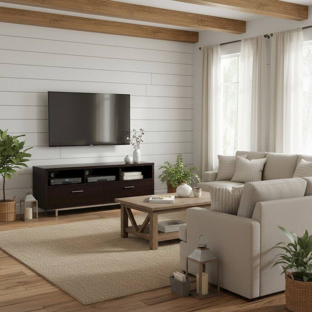 Alt View 2. FurniFact - Modern Cappuccino TV Stand 60 Inch, Engineered Wood, 2-Drawer, Chrome Metal Base - White.