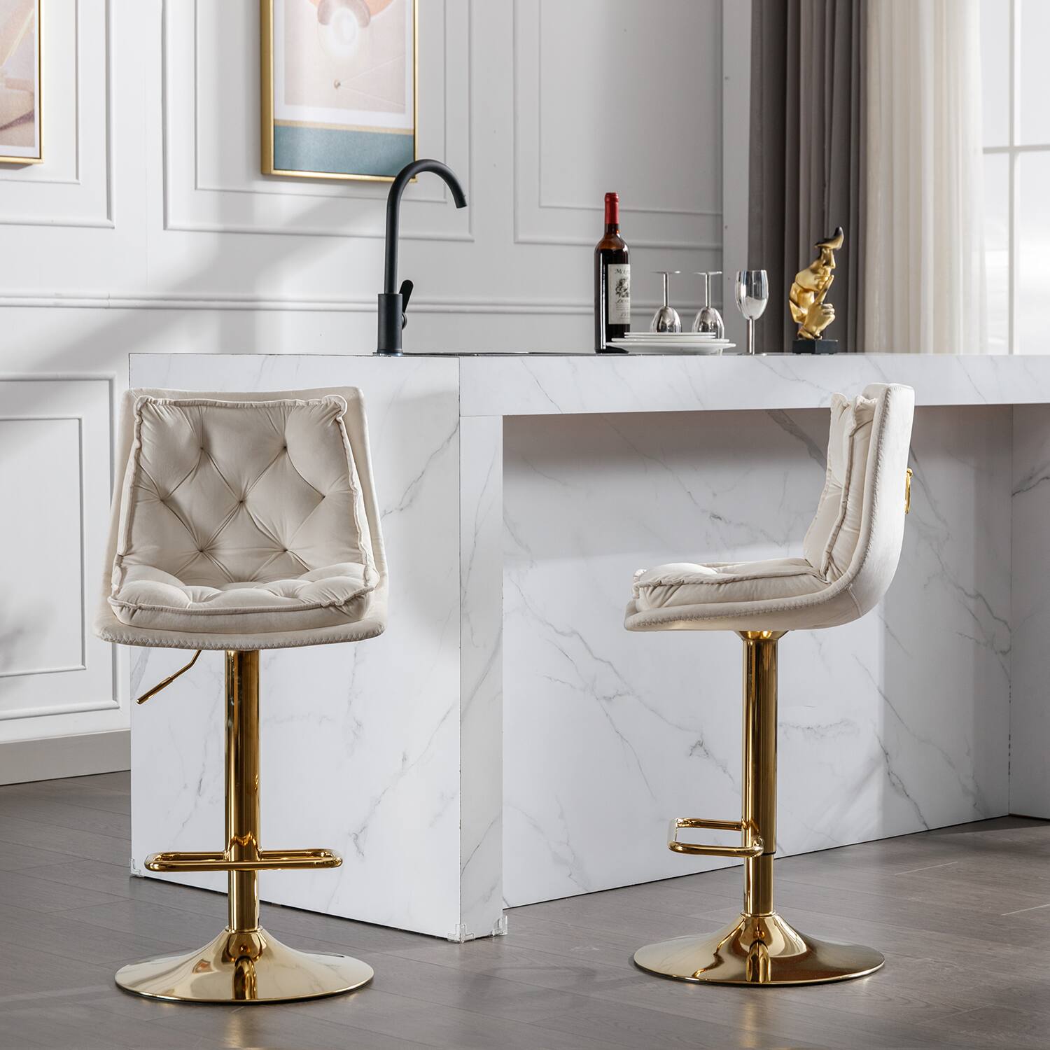 Left. Trinkets Crazed - Bar Stools Set of 2, Swivel Bar Chairs, Adjustable Barstools Counter Height with Backrest for Kitchen Island - Cream.