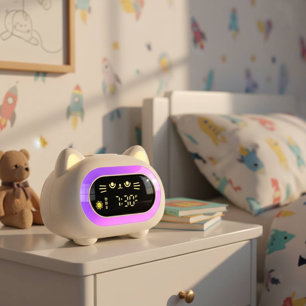 Left. Dazzed Corner - Kids Alarm Clock, Dual Alarm with with Eye Protection Sleep Training - Creamy White.