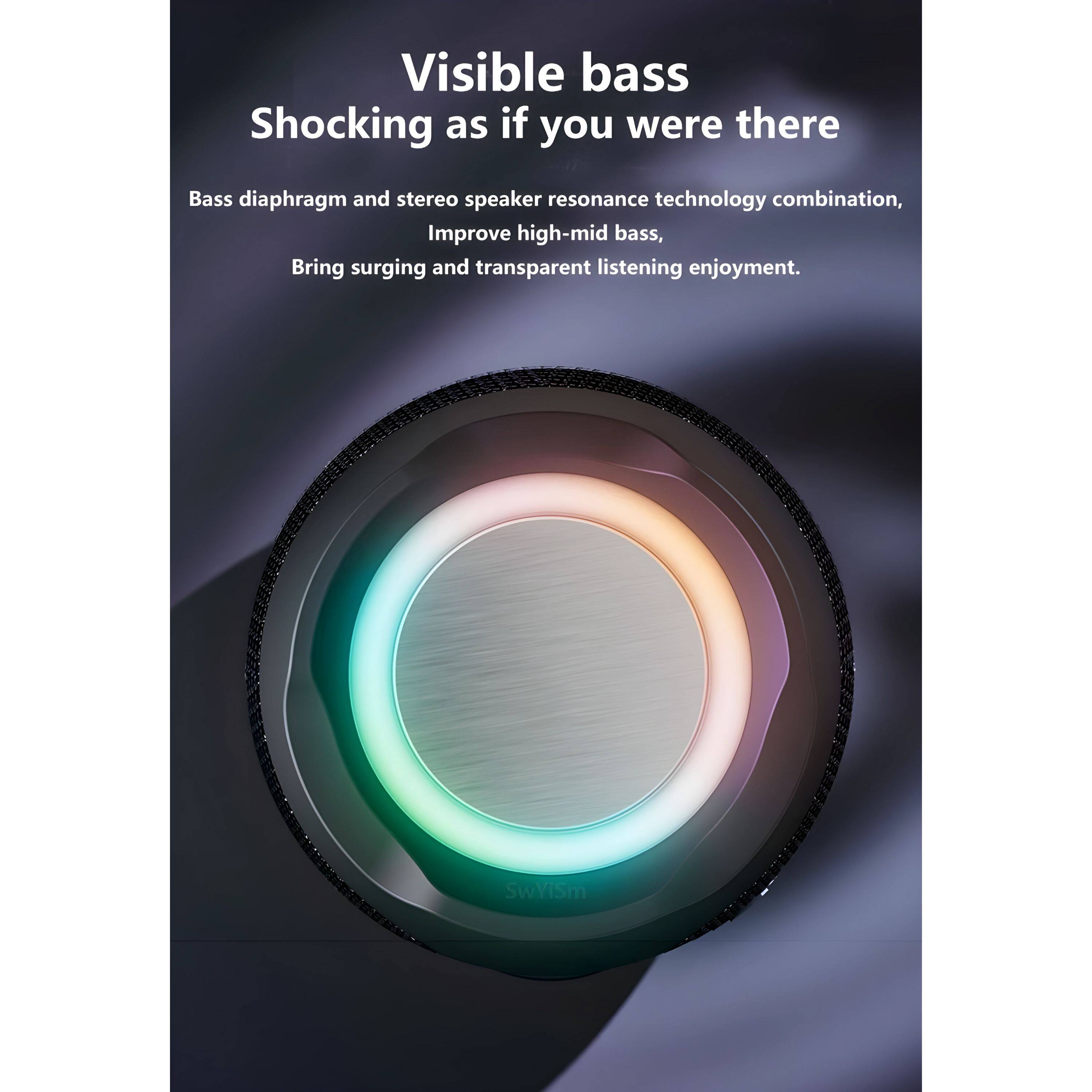 Visible bass  
Shocking as if you were there  

Bass diaphragm and stereo speaker resonance technology combination,  
Improve high-mid bass,  
Bring surging and transparent listening enjoyment.  

SwViSm