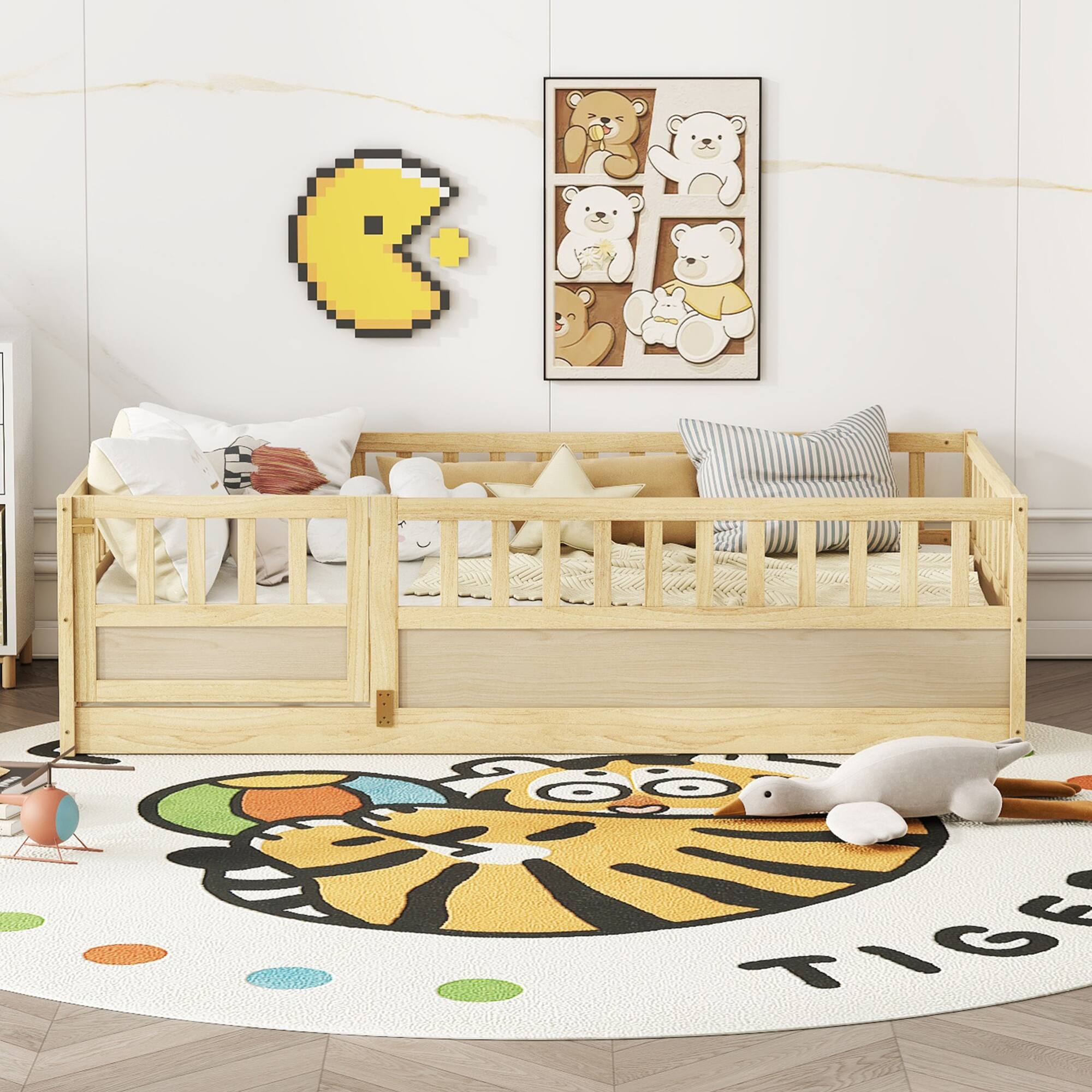 Front. GOODSILO - Twin Size Floor Bed with Safety Barrier and Door for Children, Montessori Inspired Wooden Frame - Natural Wood.