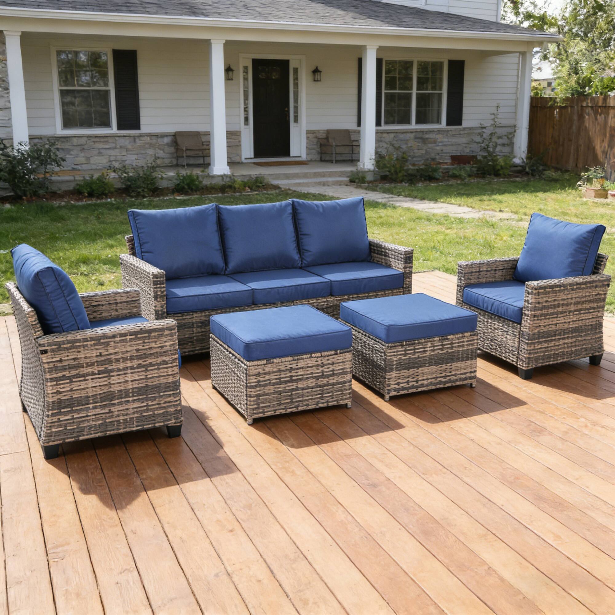 Alt View 4. Yardgrace - 5-Piece Outdoor Wicker Patio Conversation Set, Includes 2 Ottomans and Cushions - Navy blue.