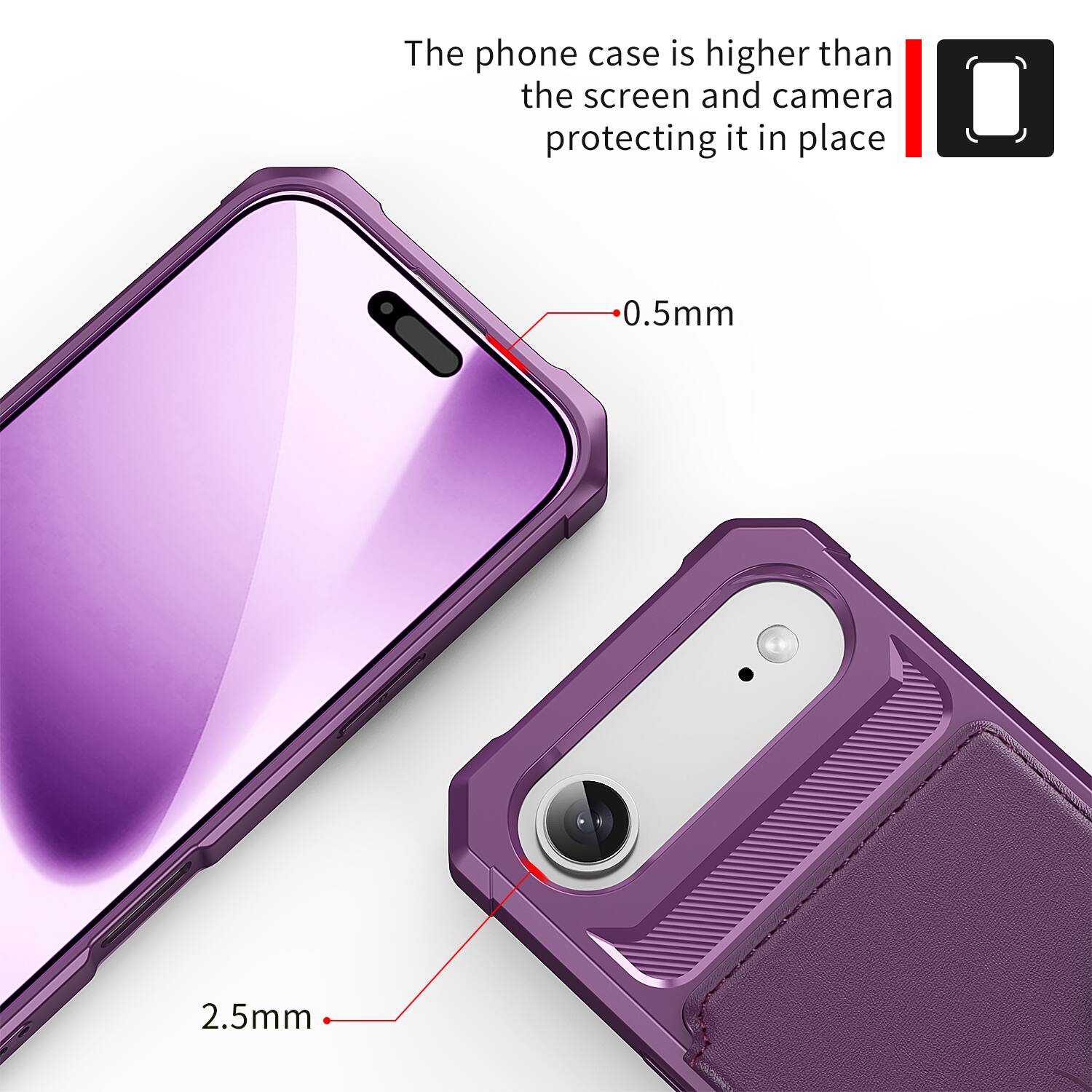The phone case is higher than the screen and camera protecting it in place. 0.5mm 2.5mm