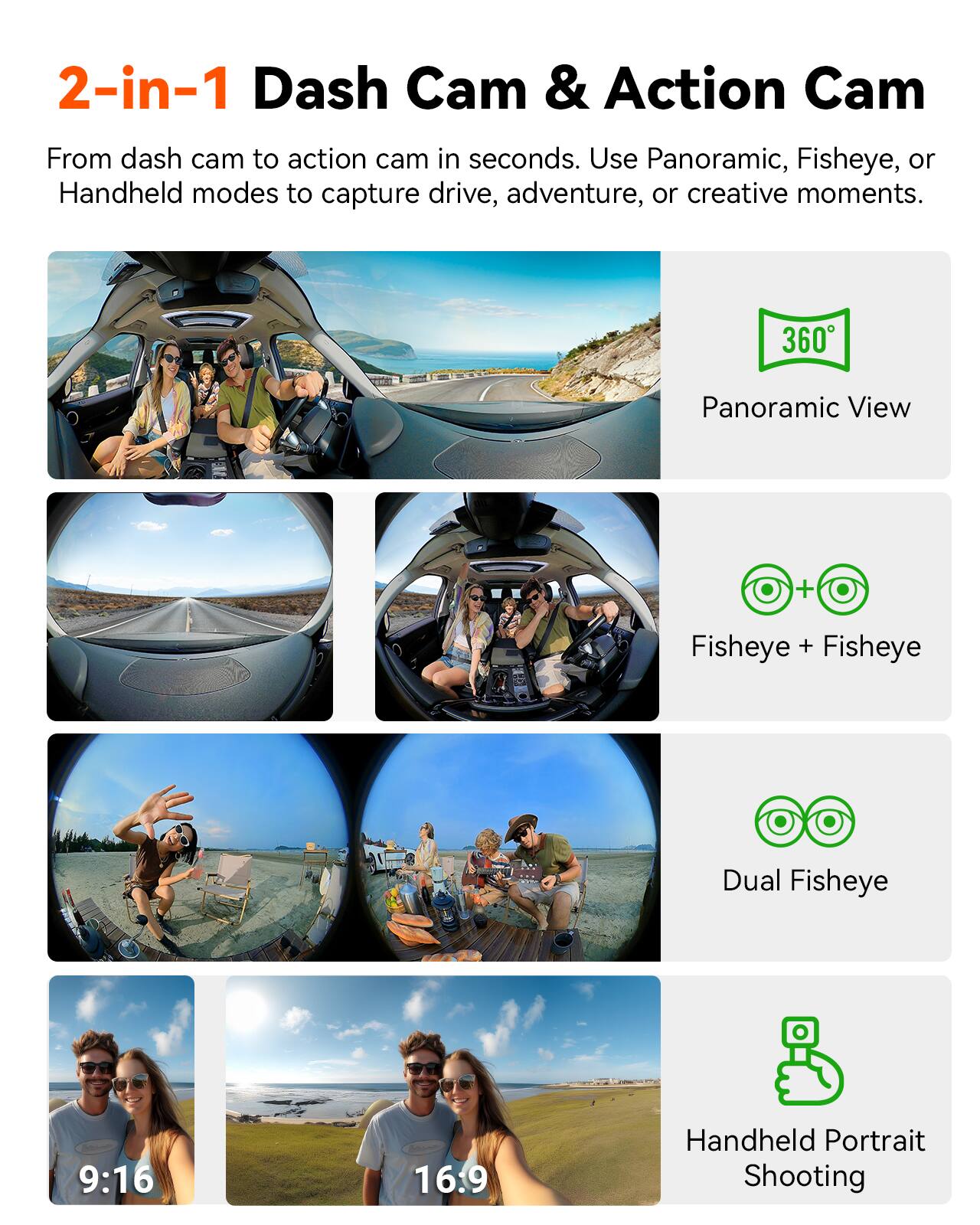 2-in-1 Dash Cam & Action Cam

From dash cam to action cam in seconds. Use Panoramic, Fisheye, or Handheld modes to capture drive, adventure, or creative moments.

- 360° Panoramic View
- Fisheye + Fisheye
- Dual Fisheye
- 9:16 Handheld Portrait Shooting
- 16:9 Handheld Portrait Shooting