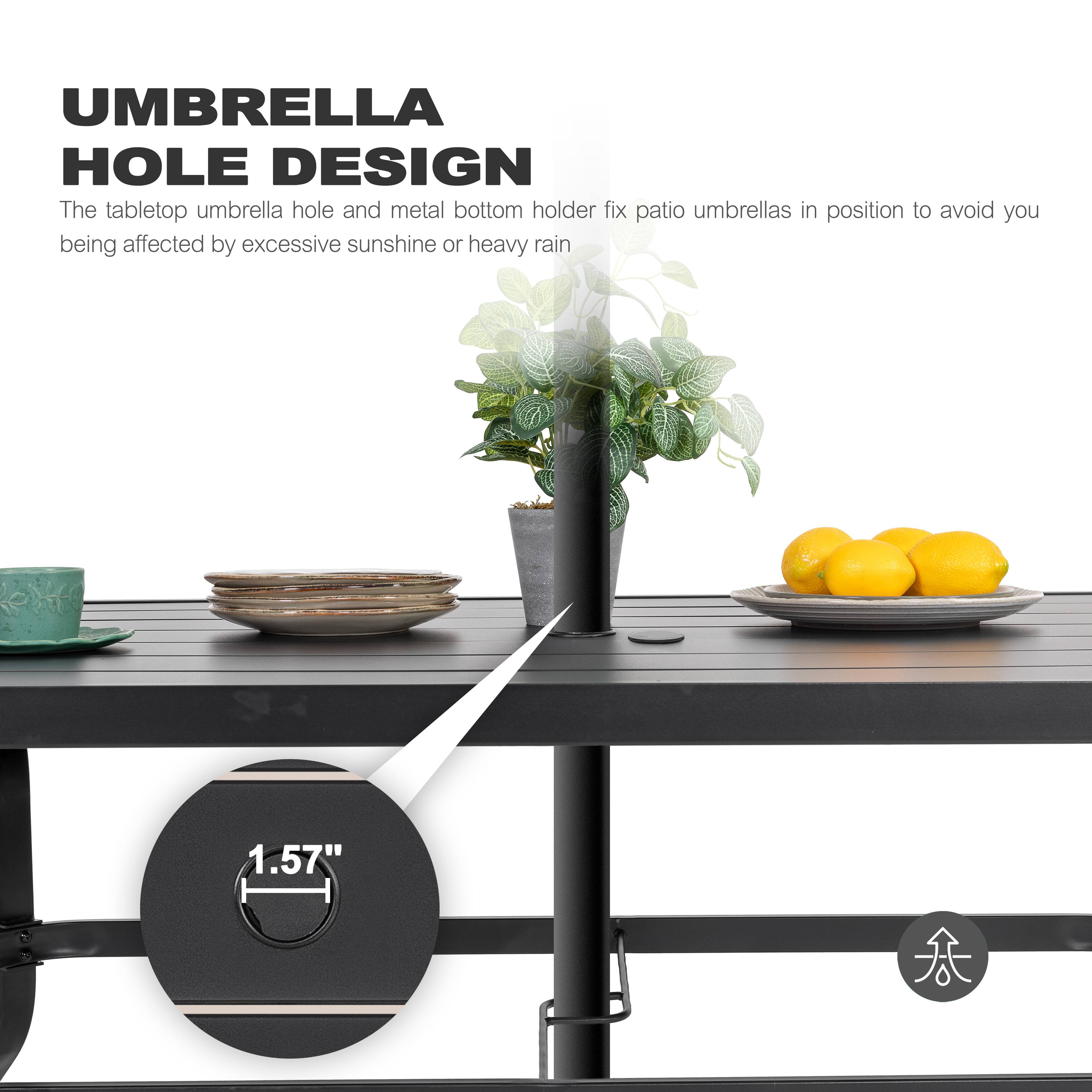 UMBRELLA HOLE DESIGN

The tabletop umbrella hole and metal bottom holder fix patio umbrellas in position to avoid you being affected by excessive sunshine or heavy rain.

1.57"