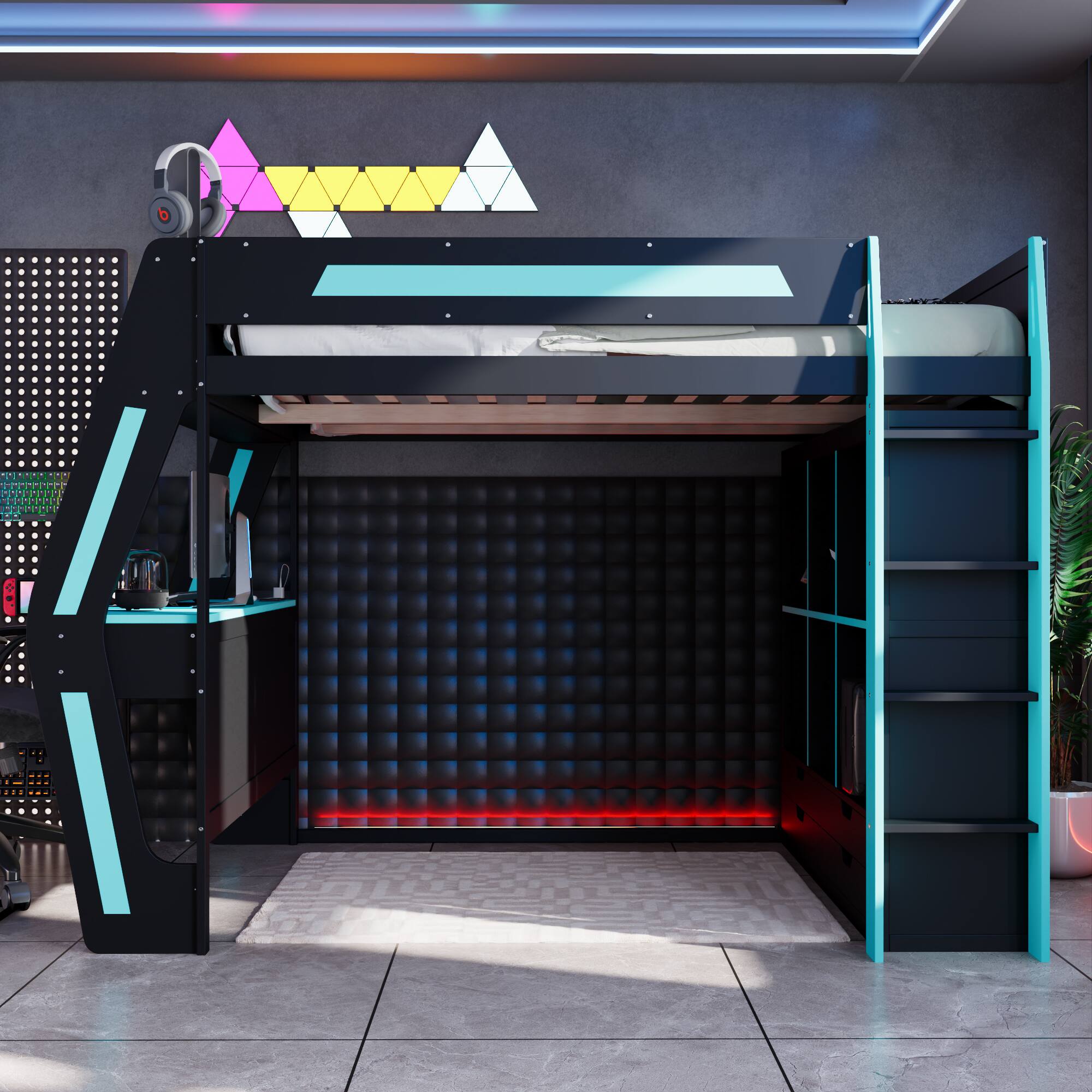 Left. Whisen - Full Size Gaming Loft Bed,Workstation Bed Frame with Built-in Desk,6 Storage Cubbies,USB Ports and RGB LED Lights - Black+Blue.