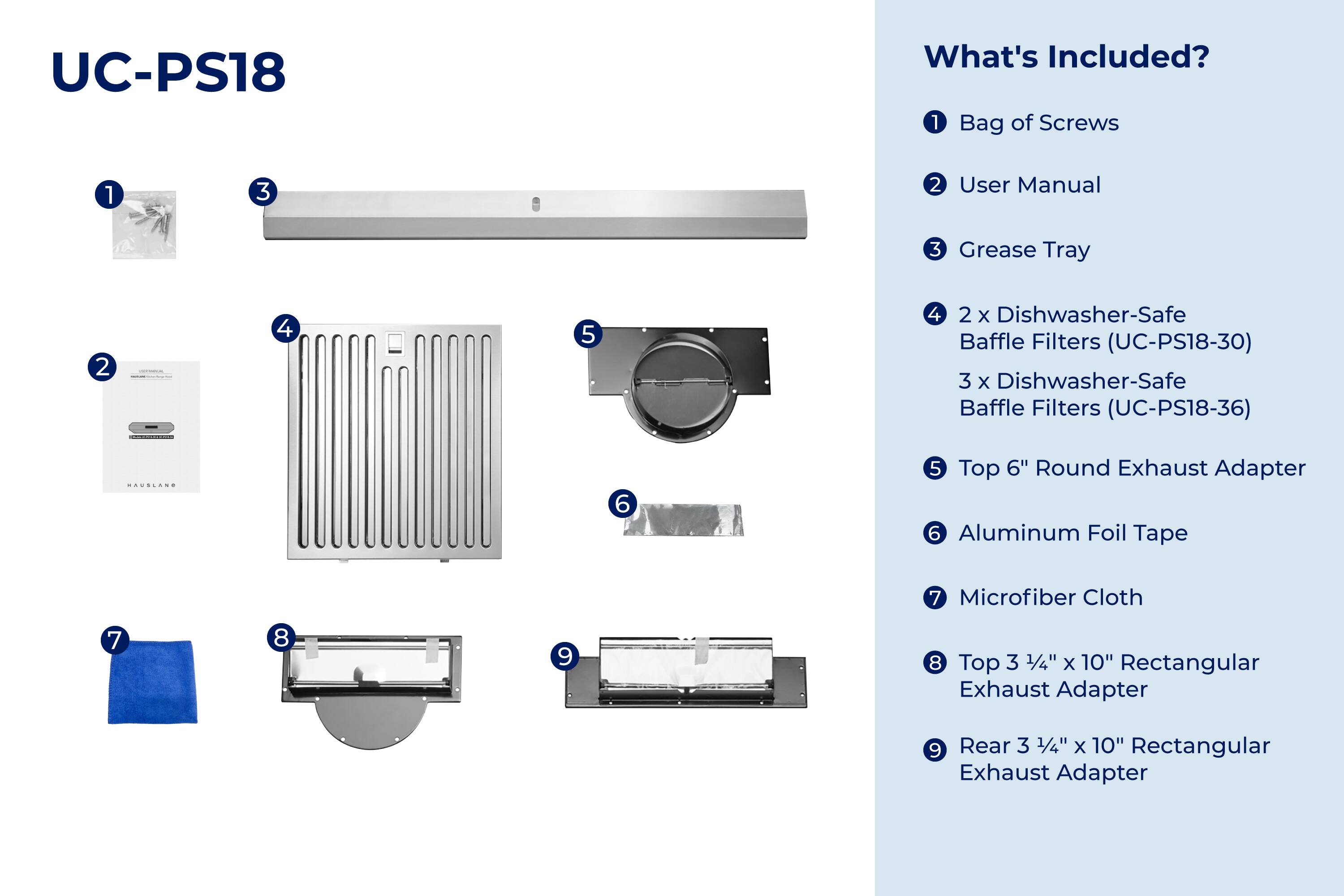 UC-PS18 What's Included?  
1. Bag of Screws  
2. User Manual  
3. Grease Tray  
4. 2 x Dishwasher-Safe Baffle Filters (UC-PS18-30)  
5. 3 x Dishwasher-Safe Baffle Filters (UC-PS18-36)  
6. Top 6" Round Exhaust Adapter  
7. Aluminum Foil Tape  
8. Microfiber Cloth  
9. Top 3 1/4" x 10" Rectangular Exhaust Adapter  
10. Rear 3 1/4" x 10" Rectangular Exhaust Adapter