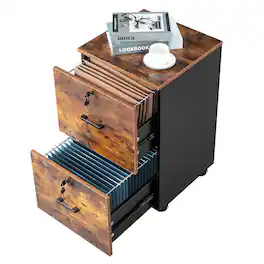 Winado - 2-Drawer Small Rolling File Cabinet with Lock fits Letter/Legal/A4 Size Office - Rustic Brown & Black