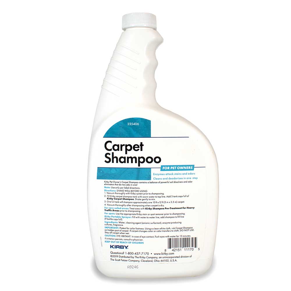 235406 Carpet Shampoo FOR PET OWNERS Enzymes attack stains and odors Cleans and deodorizes in one step Kby Par Cener Corpel Shampoo contains a balance of powerful soil solvents and odor eliminators - Twe jodes and Nutrients Use only per label directions. Pre-treatments SHAKE WELL BEFORE USING. Vacuum thoroughly with Kirby system prior to shampooing. Kirby carpet shampoo tank will - wither 10 gal. Soe Add fan mags. Kirby Corper Shampoo Shake gently. Mix tank with shampoo corper approximately - Focuum ugh other shampooing whas caper dy. For very soiled areas with Kirby Shampoo Pre-Treatment for Heavy Traffic Areas shampooing. Far other Use t appropriate prior shampooing. Kirby spad SE Kirby Pertuble Sprayen 1a wil waner water Soa add lne bonla NO M Water cleaning agent. Samianie nudocent e producing cultures bagrance. IMPORTANT Fratec celer Tasiness Wining clean white Ael Corpal Shampoo hidden -arT carpet color dlone DO NOT USE changer culer Shey carpar wher CAUTION IVE RRITANT 1.. Fush with water
