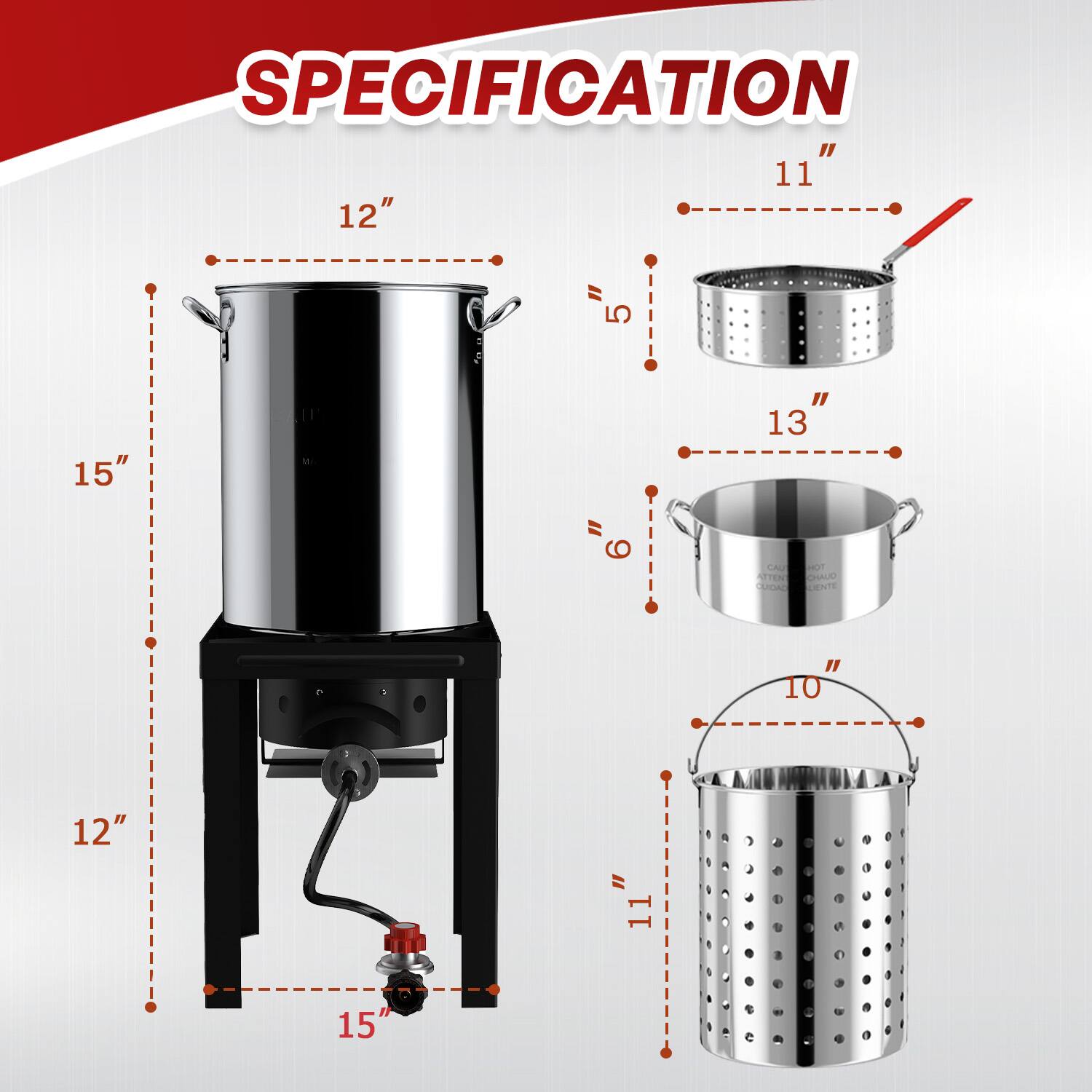 SPECIFICATION

- 15" (height of the main container)
- 12" (diameter of the main container)
- 15" (height of the stand)
- 12" (width of the stand)
- 13" (height of the pot)
- 11" (diameter of the pot)
- 10" (height of the colander)
- 11" (diameter of the colander)
- 5" (height of the colander's handle)