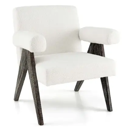 Front. Costway - 1 PCS Upholstered Armchair Modern  Accent Chair with Natural Rubber Wood Legs - White.