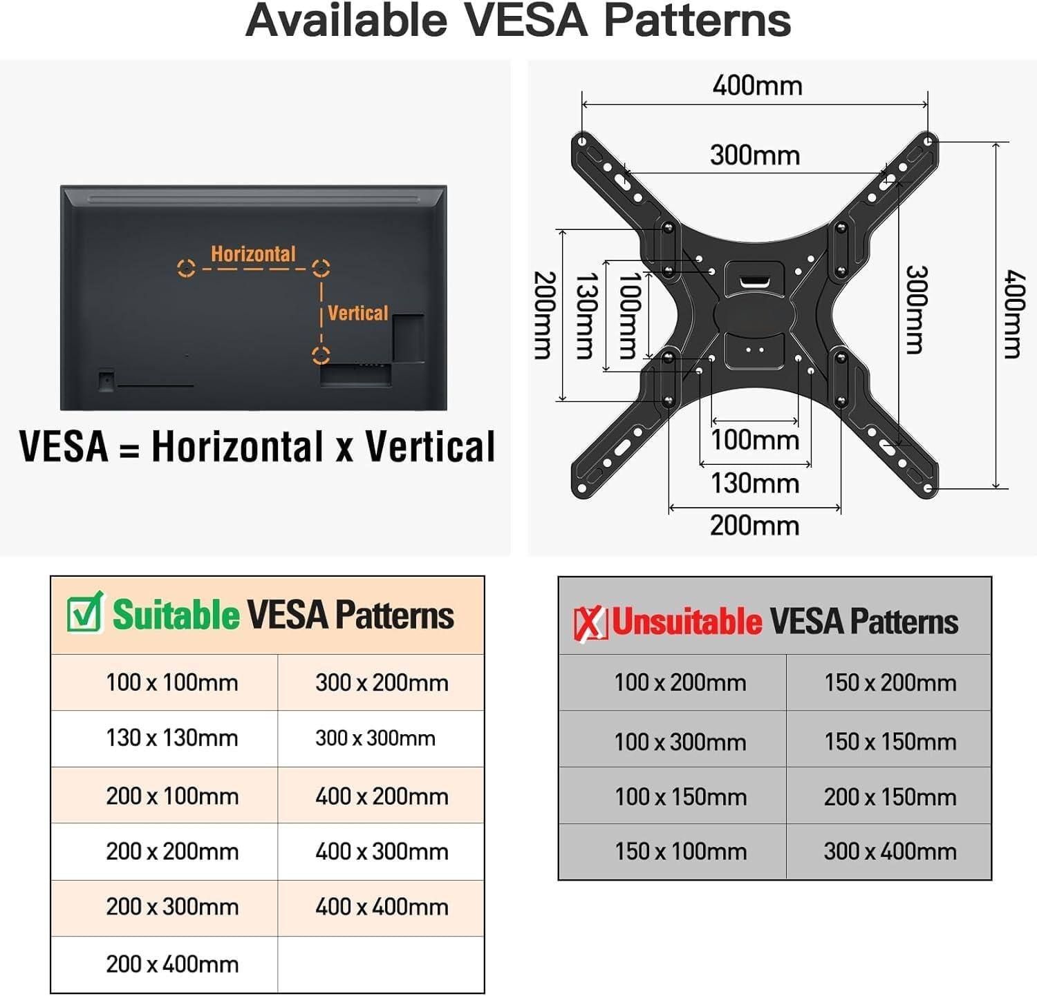 Available VESA Patterns

VESA = Horizontal x Vertical

Suitable VESA Patterns
- 100 x 100mm
- 130 x 130mm
- 200 x 100mm
- 200 x 200mm
- 200 x 300mm
- 200 x 400mm
- 300 x 200mm
- 300 x 300mm
- 400 x 200mm
- 400 x 300mm
- 400 x 400mm

Unsuitable VESA Patterns
- 100 x 200mm
- 100 x 300mm
- 100 x 150mm
- 150 x 200mm
- 150 x 150mm
- 150 x 100mm
- 200 x 150mm
- 300 x 400mm