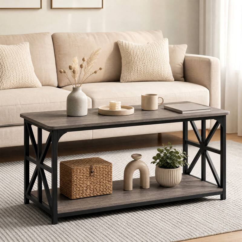 Alt View 5. WELLFOR - 2-Tier Farmhouse Coffee Table with Open Storage Shelf, Center Tables for Living Room - Oak.