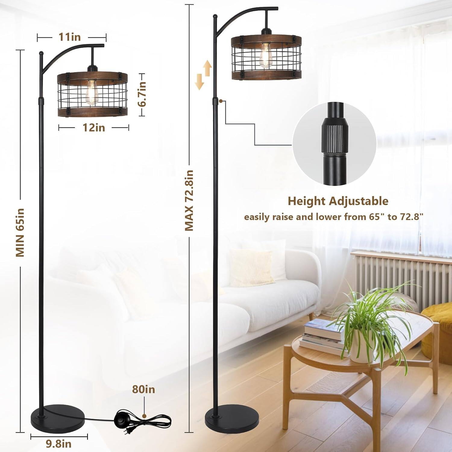 11in  
65in MIN  
12in  
T 6.7in  
72.8in MAX  
Height Adjustable easily raise and lower from 65" to 72.8"  
80in  
9.8in