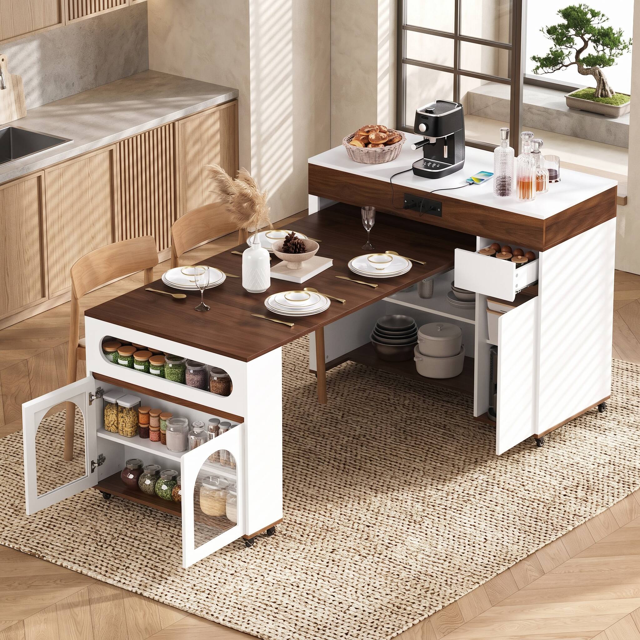 Alt View 9. Forest'nSky - Walnut Sideboard Buffet Cabinet Extendable Dining Table with Extra-Long Folding Top,Drawers, Power Outlet and Brake lock - Walnut.