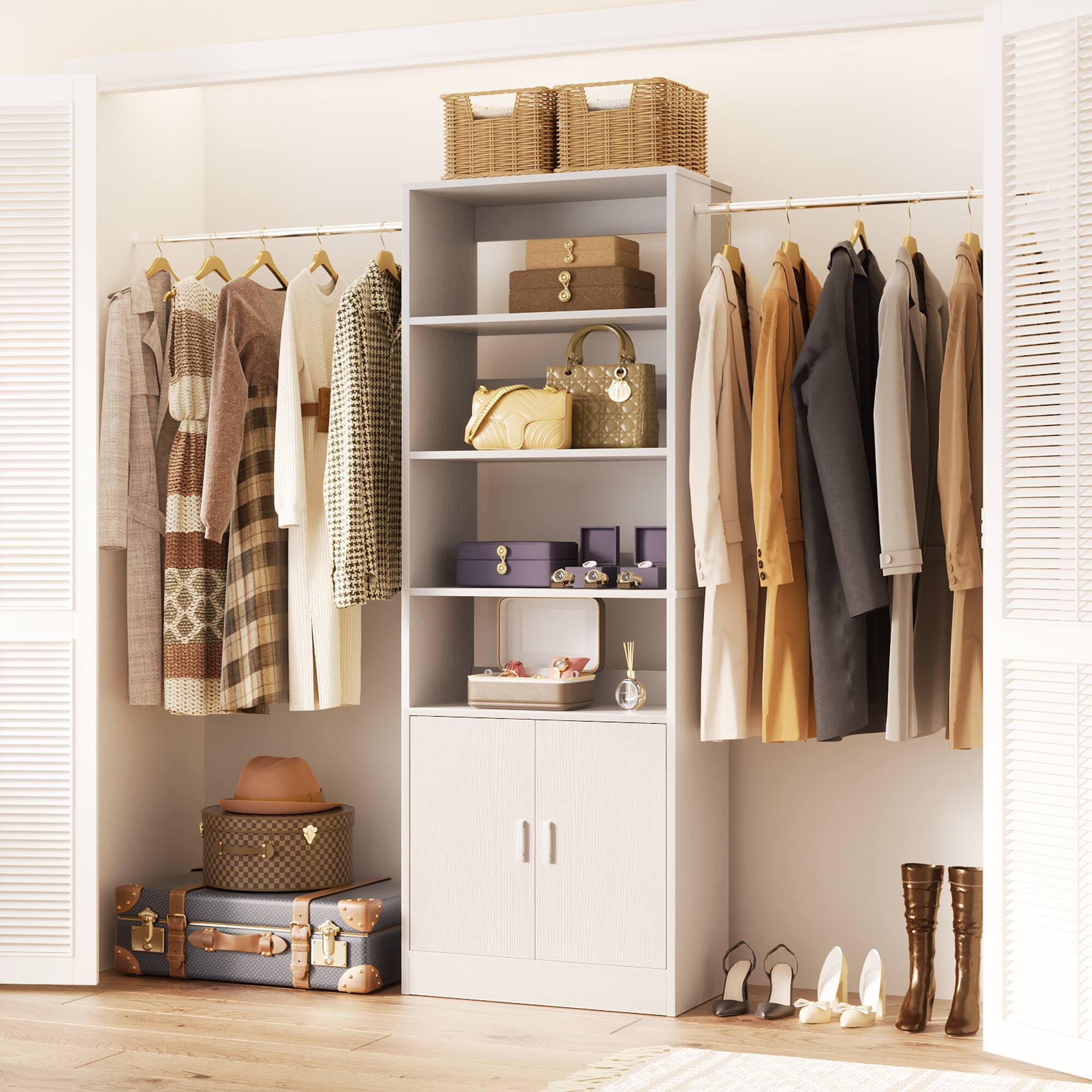 Angle. Aheaplus - 8FT Heavy Duty Wall-Mount Closet Organizer System ,Adj Shelves, Hanging Rods & Storage Cabinet - White.