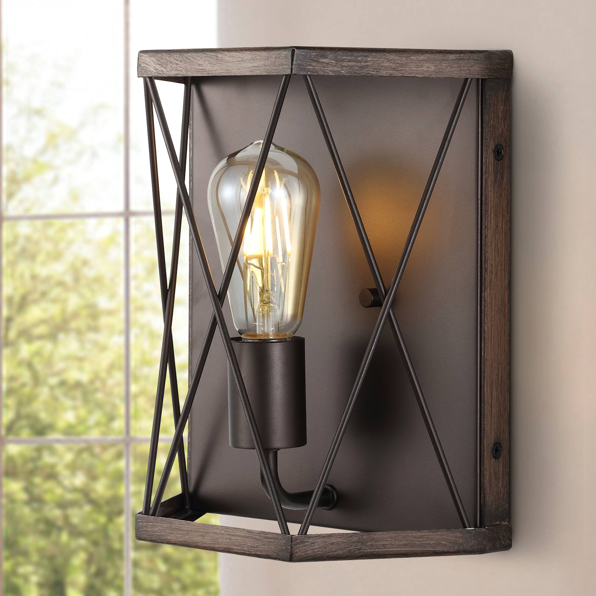 Alt View 7. Jonathan Y - Liam 8.25" 1-Light Rustic Farmhouse Iron LED Sconce, Wood Finished/Oil Rubbed Bronze - Dark Brown/Oil Rubbed Bronze.
