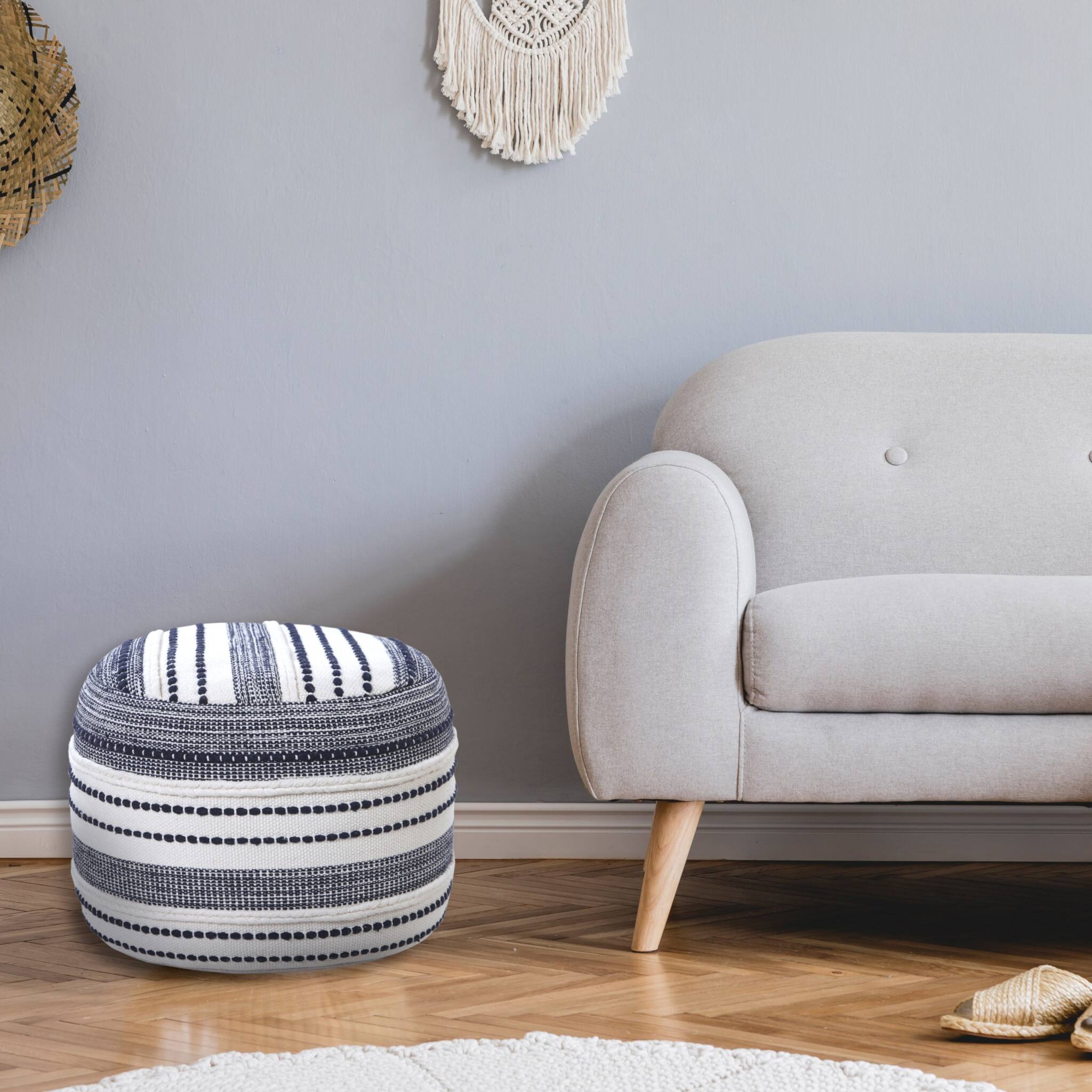 Alt View 5. Hivvago - Hivvago 18 Inch Cotton Cylinder Striped Pouf Ottoman - Blue, White.
