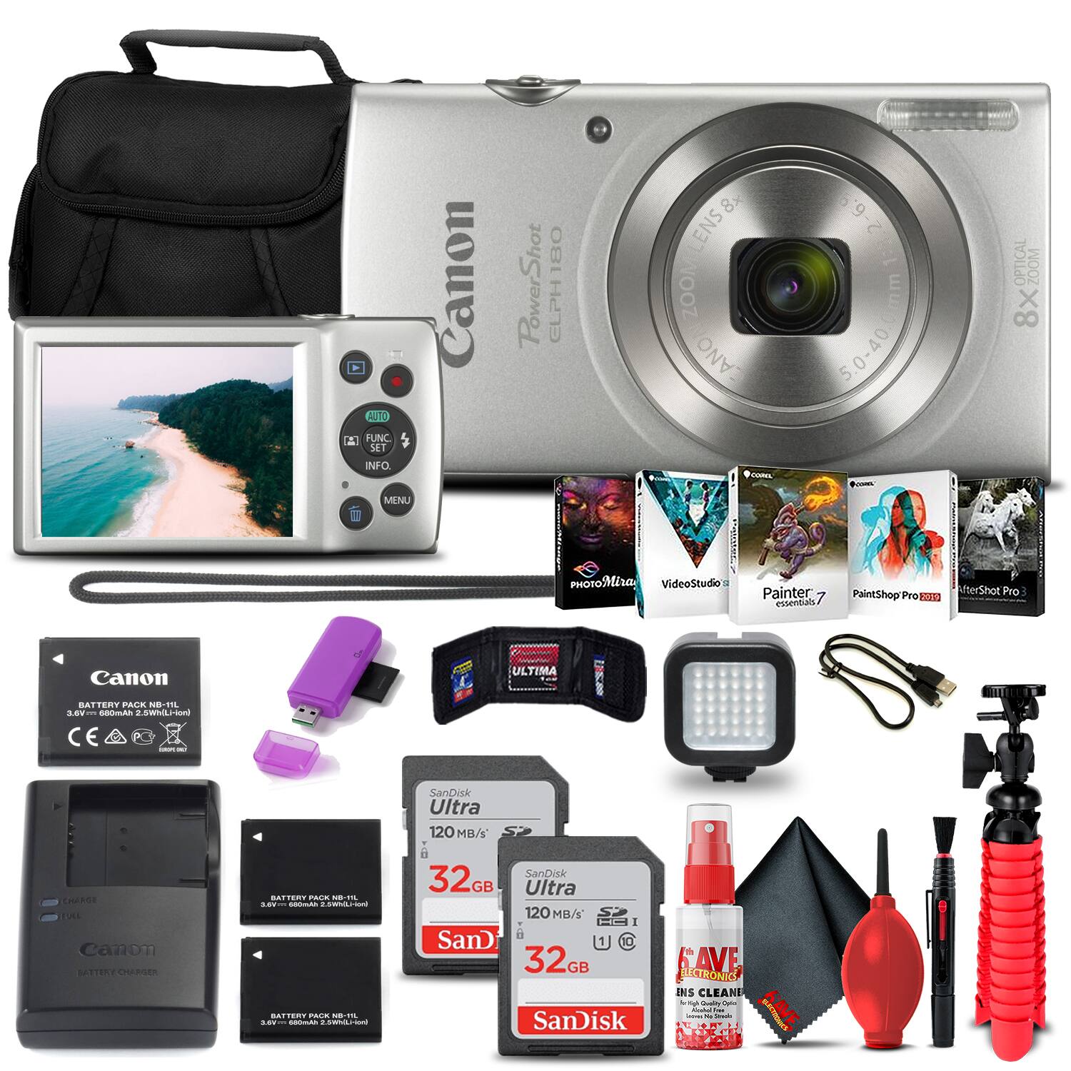 Canon PowerShot ELPH 8x Zoom  
Lens: 5.0-40mm 1:2.8-6.9 Optical Zoom 8x  
Battery Pack: NB-1L  
SanDisk Ultra 32GB 120MB/s SD Card  
SanDisk Ultra 32GB 120MB/s SD Card  
Canon Battery Charger  
Canon USB Cable  
Canon AC Adapter  
SanDisk Ultra 120MB/s SD Card  
SanDisk Ultra 120MB/s SD Card  
PhotoMirage  
VideoStudio  
Painter 7 Essentials  
PaintShop Pro X5  
AfterShot Pro 3  
Lens Cleaning Kit  
Lens Cleaning Spray  
Microfiber Cloth  
Portable LED Light  
Tripod  
Carrying Case