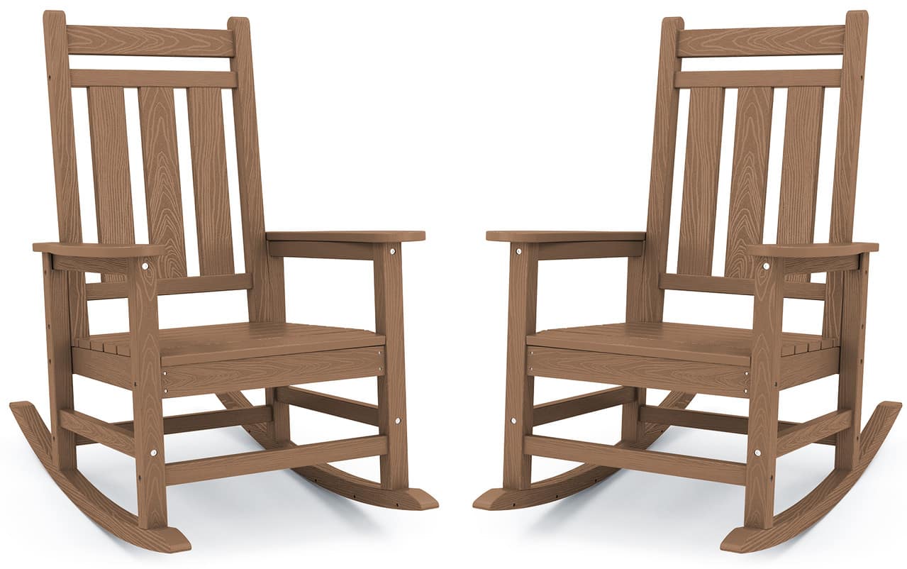 SERWALL - Oversized Outdoor Rocking Chair Set of 2, HDPE All-Weather Patio Rocking Chairs for Porch - Brown