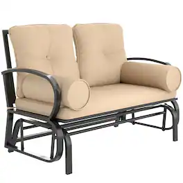 Outsunny - Swing Glider Rocking Chair, Double Patio Bench, 2 Person Loveseat with Steel Frame, Cushions, Pillow Armrests - Khaki