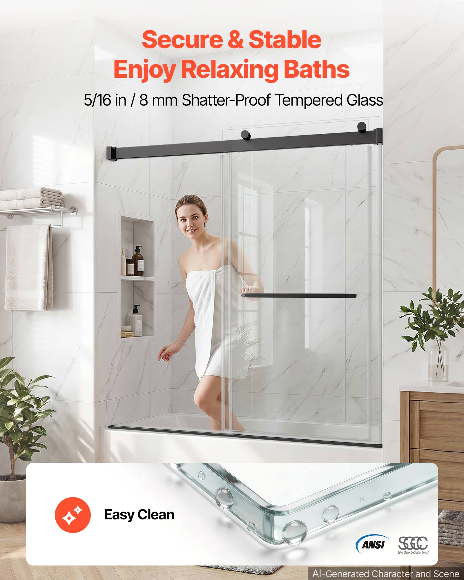 Secure & Stable  
Enjoy Relaxing Baths  
5/16 in / 8 mm Shatter-Proof Tempered Glass  
Easy Clean  
ANSI SGC  
AI-Generated Character and Scene